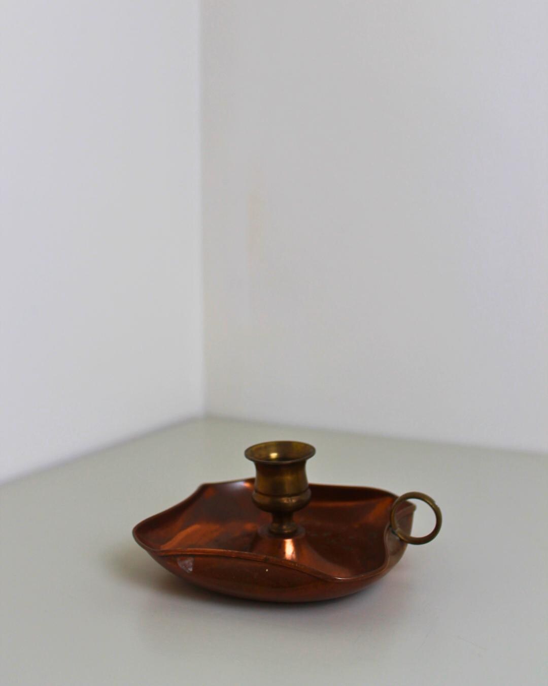 Antique Copper Arts & Crafts Chamberstick with Brass Handle, Early 20th Century