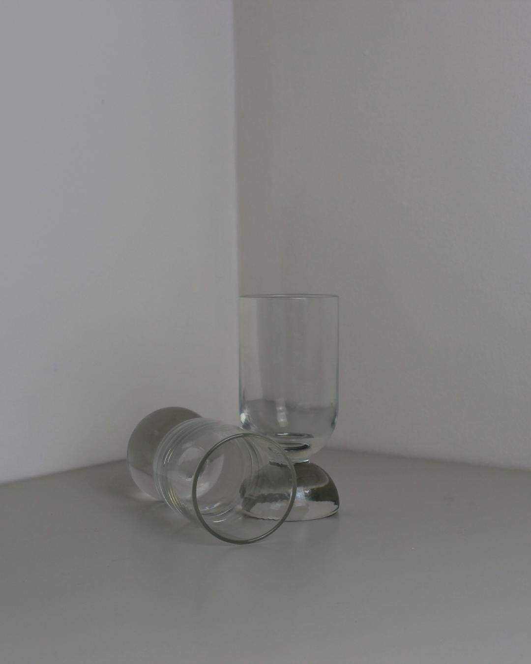 Pair of Sculptural Glass Goblets – Clear Modernist Design with Solid Dome Base - The Estate