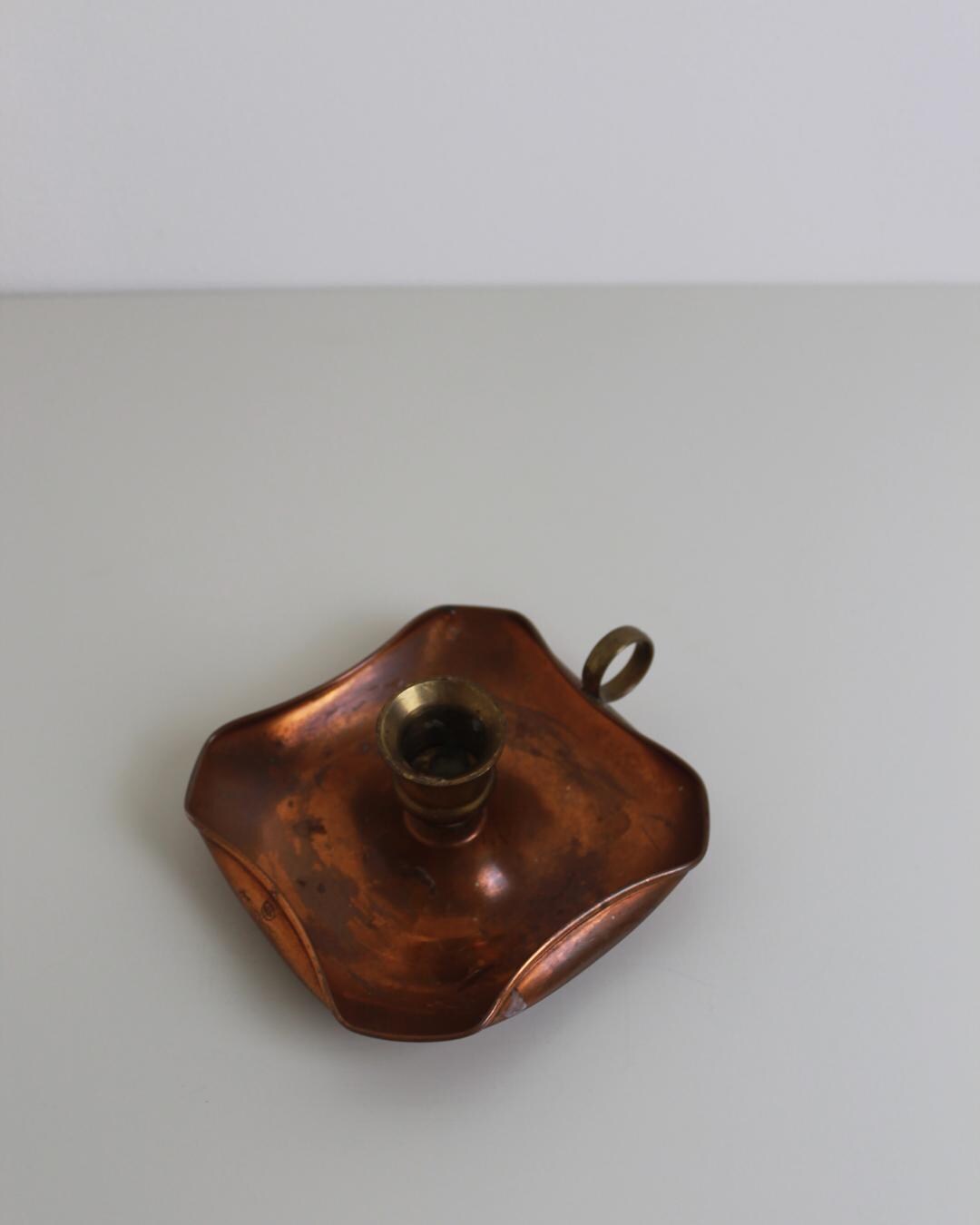 Antique Copper Arts & Crafts Chamberstick with Brass Handle, Early 20th Century