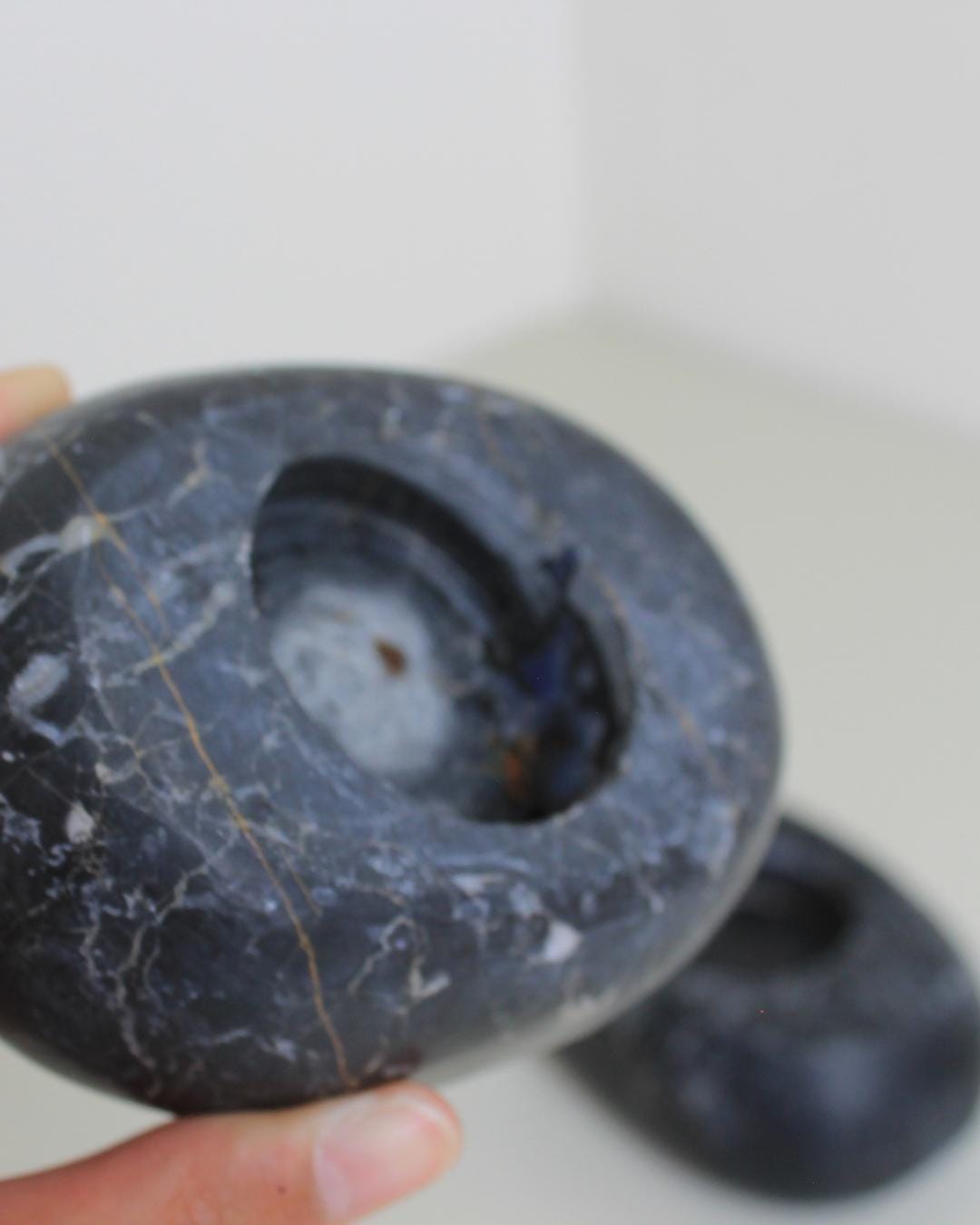 Pair of Sculptural Black Marble Tealight Holders with Natural Veining, Italy c.1980s - The Estate