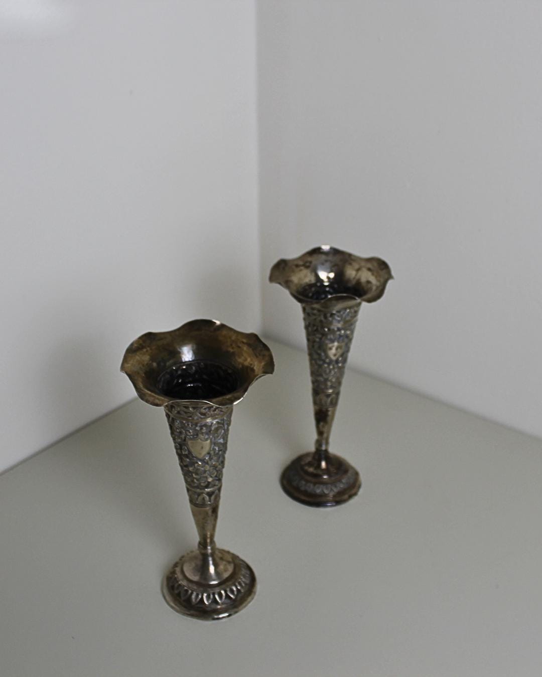 Edwardian-Style Silver-Plated Repoussé Trumpet Bud Vases with Scalloped Rims – Pair, c.1900s - The Estate