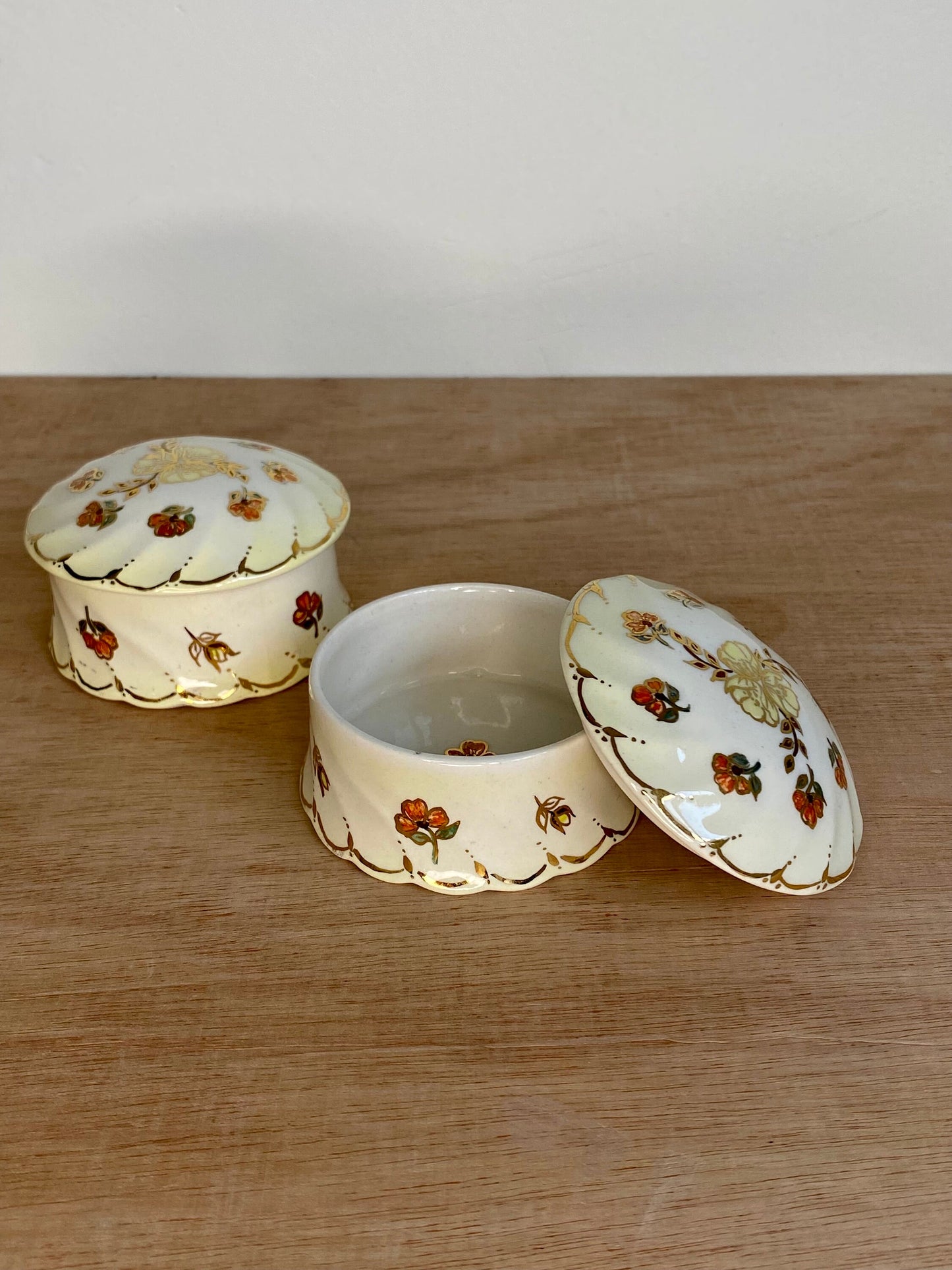 Vintage Trinket Pots (Pair) – Hand-Painted Floral Lidded Dishes – Gilded Ceramic - The Estate