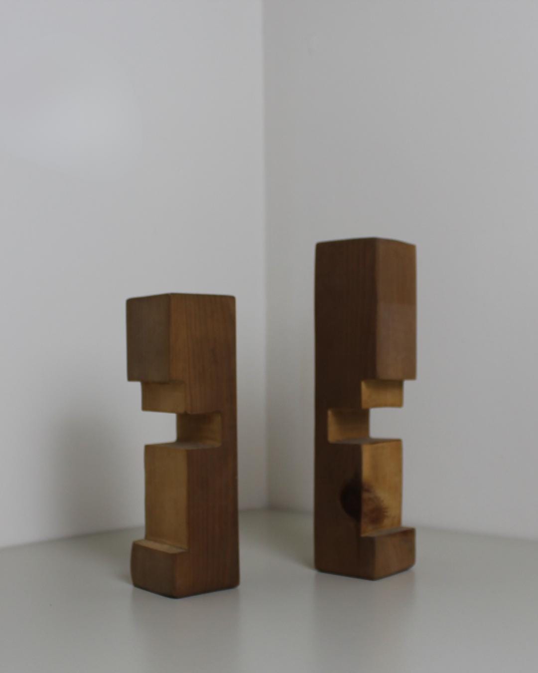 Scandinavian Brutalist Pine Tea-Light Holders — Geometric Stepped Totem Pair, Sweden 1960s-70s, Soli - The Estate
