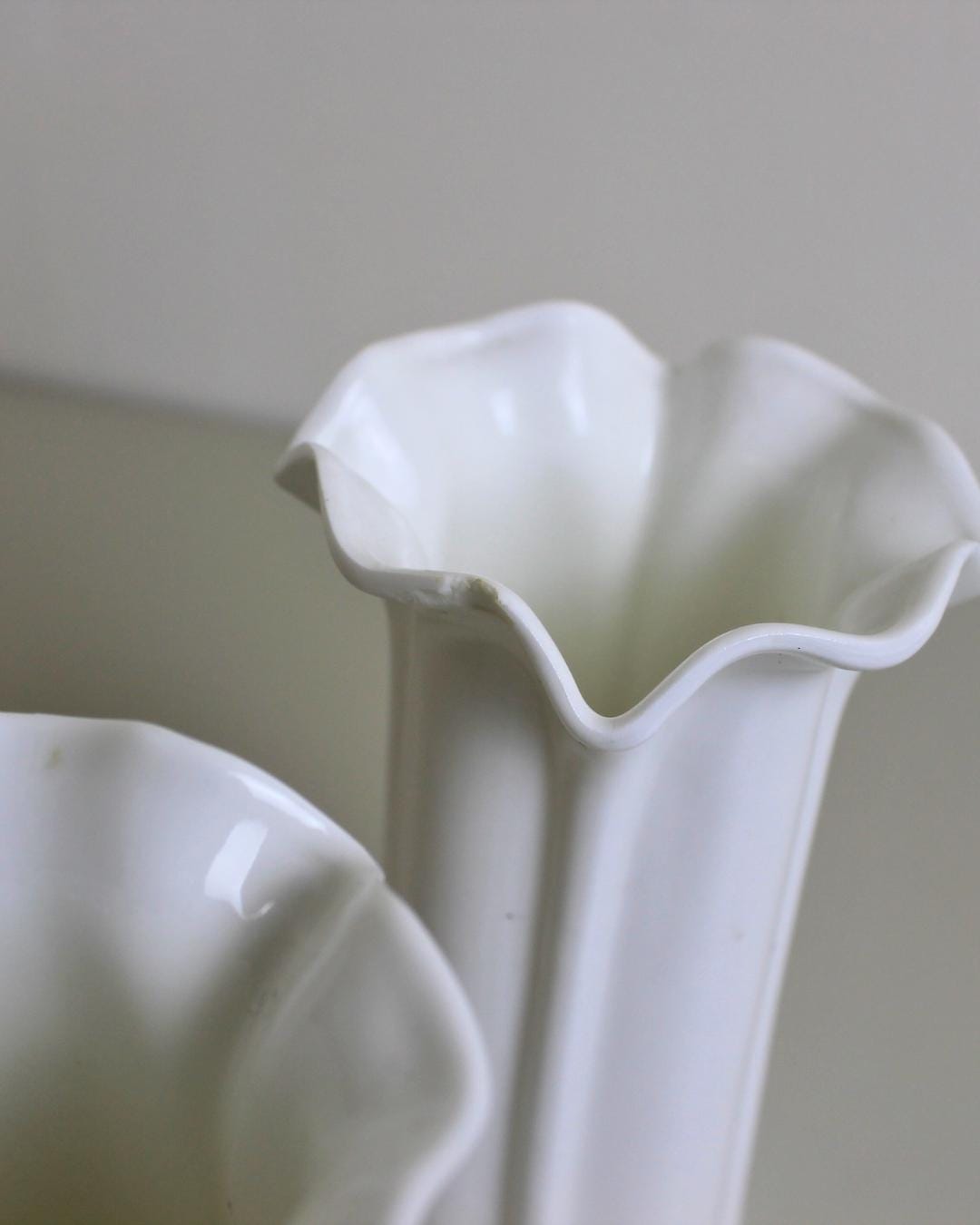 Pair of Mid-Century Bone China Bud Vases with Fluted Sides & Ruffled Rim, White - The Estate