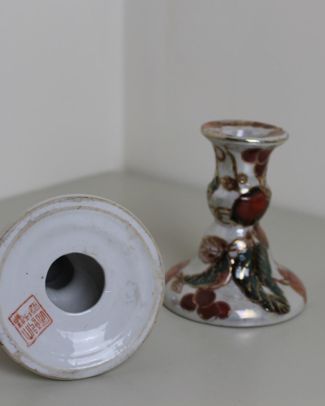 Kutani Japanese Lustreware Candlesticks – Hand-Painted Plum & Gold Enamel Pair, 1950s, 10 cm - The Estate