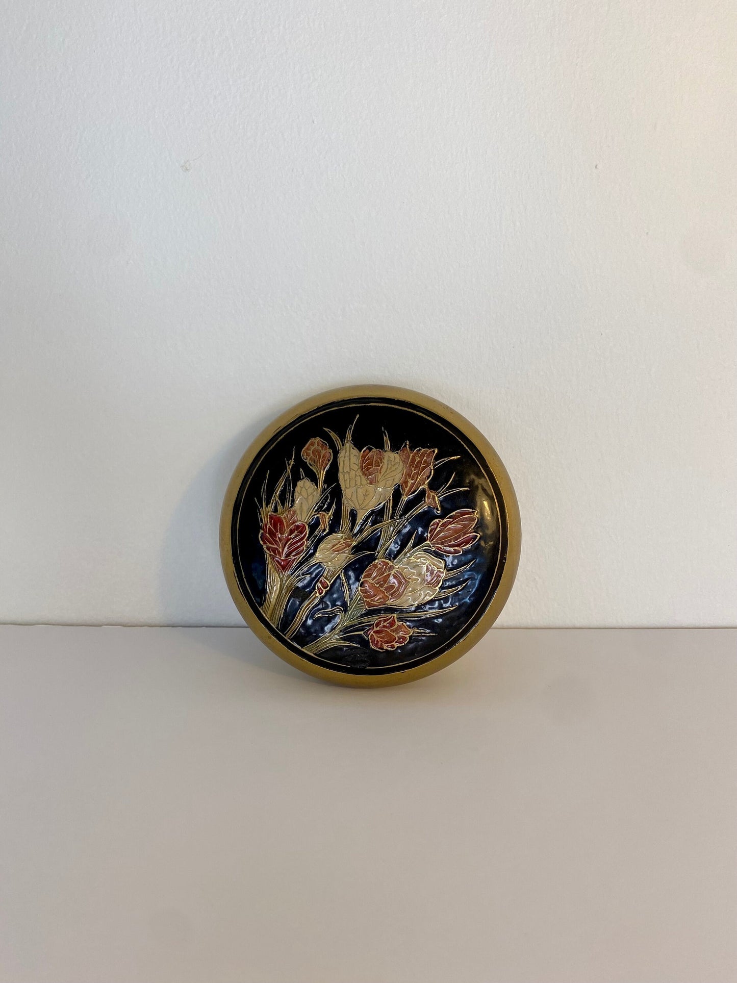 Mid-Century Floral Brass Trinket Box with Enamel Inlay, Indian 1960s - The Estate
