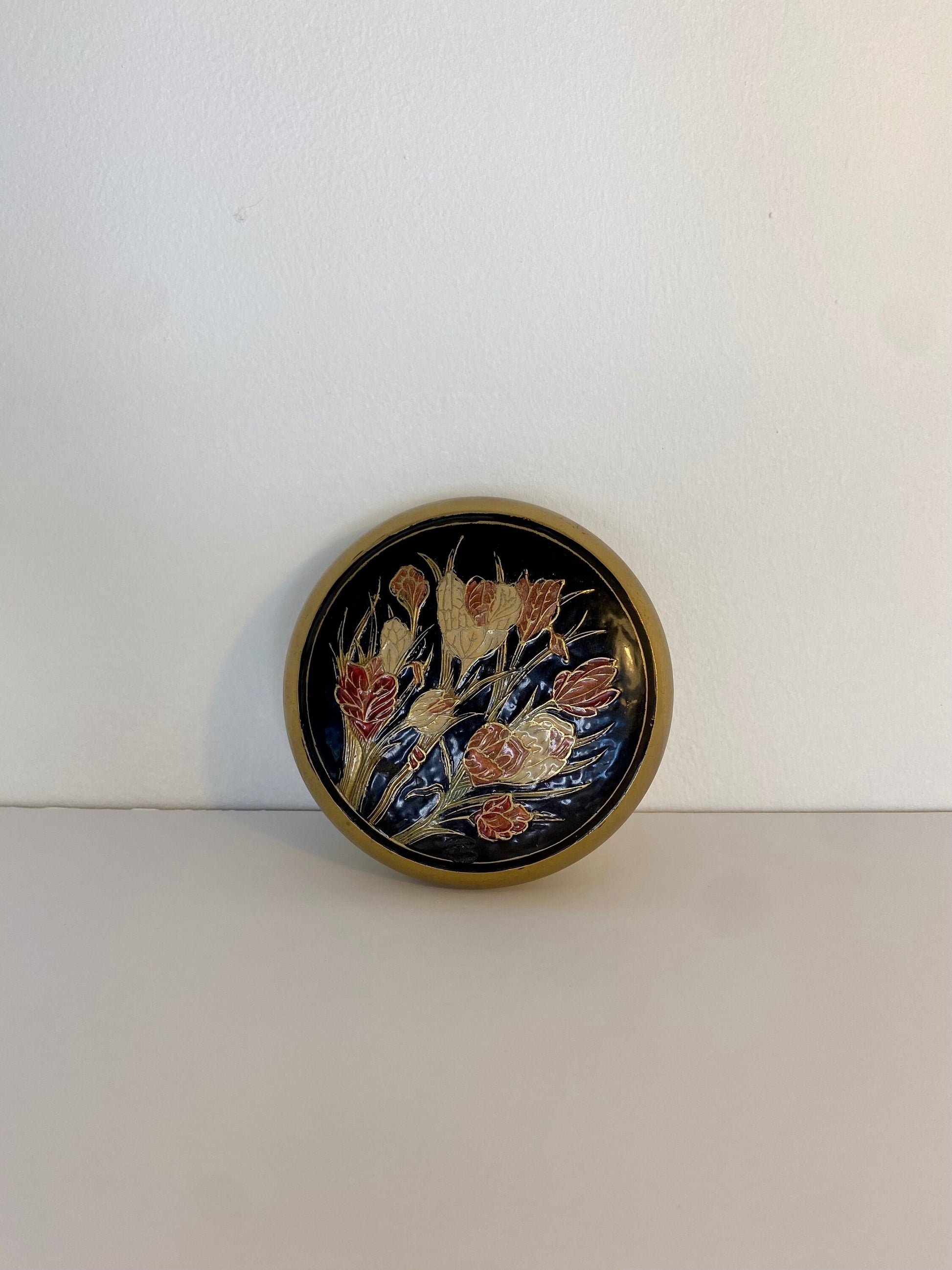Mid-Century Floral Brass Trinket Box with Enamel Inlay, Indian 1960s - The Estate