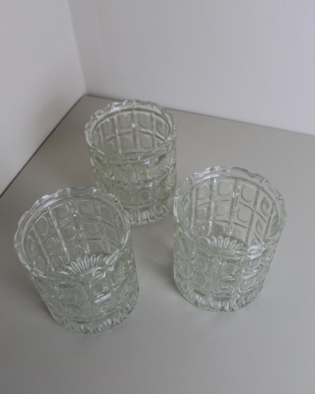Trio of Vintage Pressed Glass Light Shades – Brutalist Grid Pattern Cylinders, 1960s - The Estate