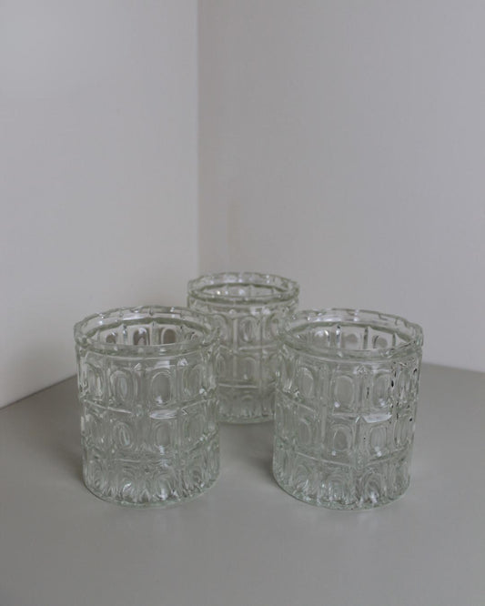Trio of Vintage Pressed Glass Light Shades – Brutalist Grid Pattern Cylinders, 1960s - The Estate