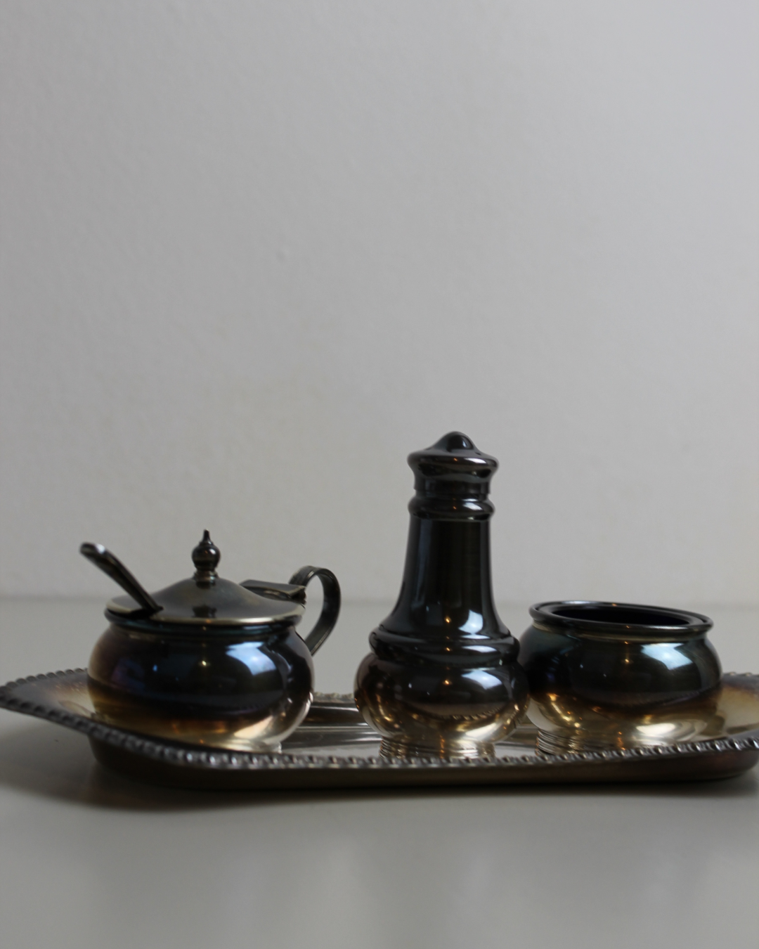 Edwardian Silver-Plated Condiment Set on Serving Tray