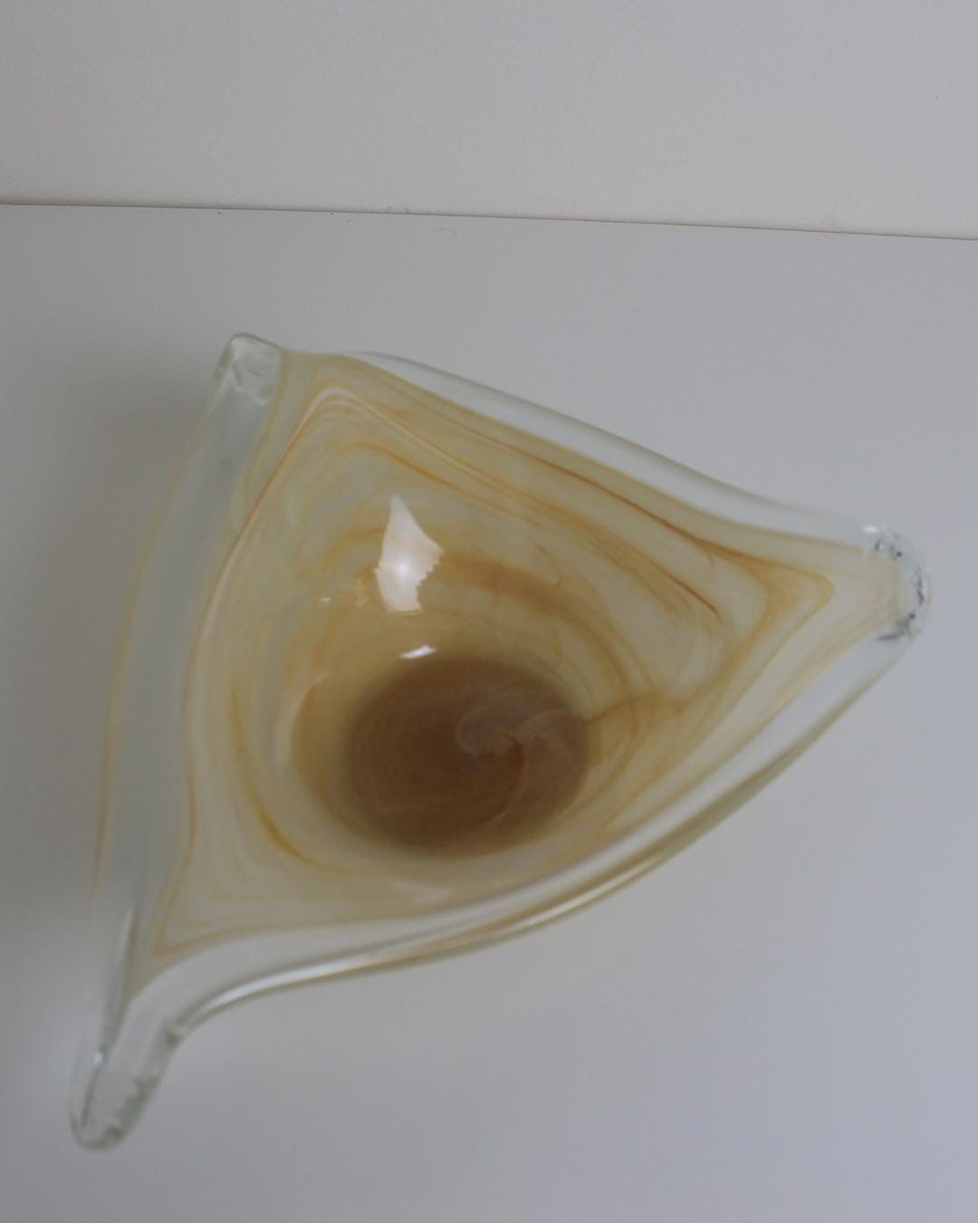 Murano-Style Swirled Glass Triangular Bowl – Amber & White – Mid-Century Modern - The Estate
