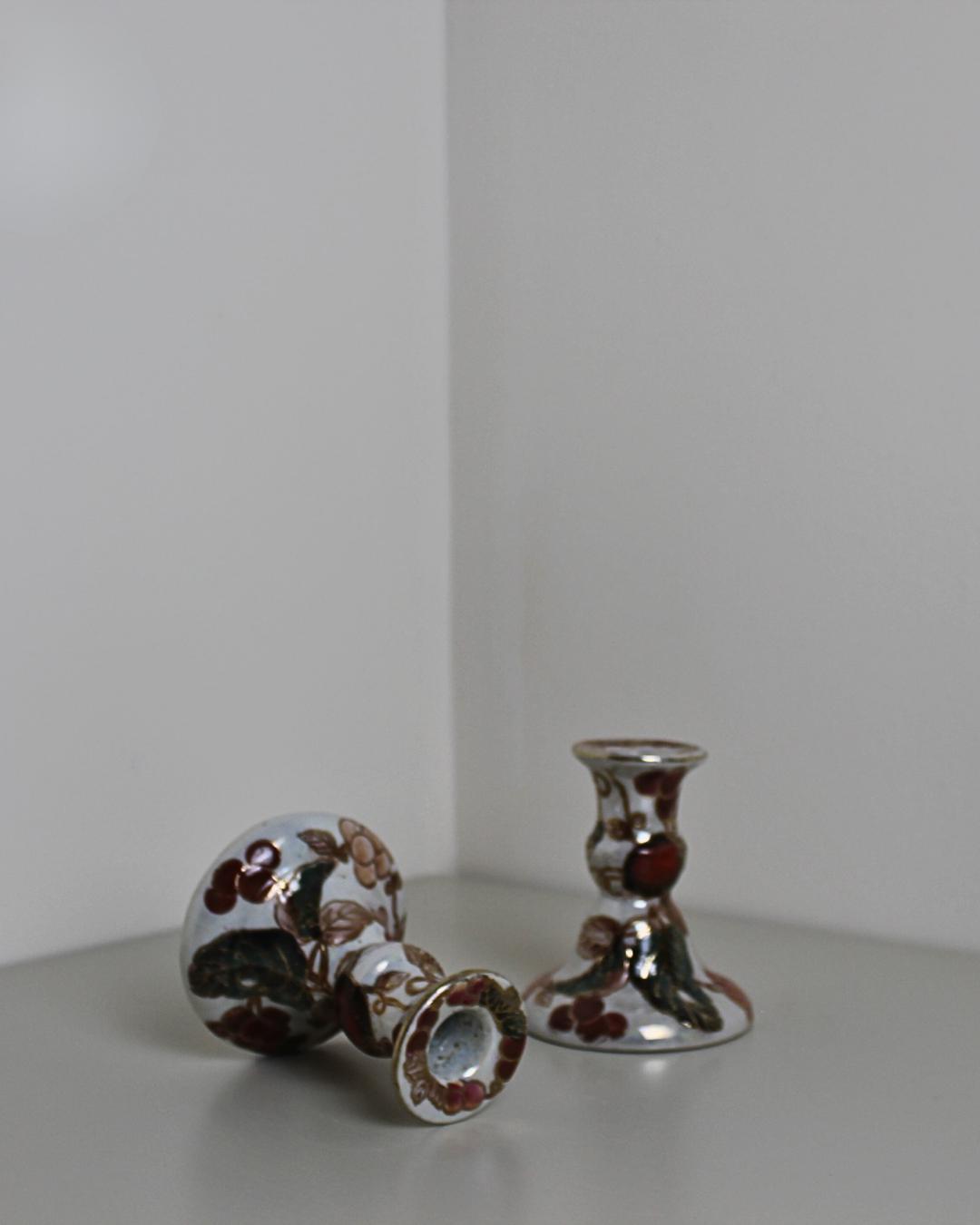 Kutani Japanese Lustreware Candlesticks – Hand-Painted Plum & Gold Enamel Pair, 1950s, 10 cm - The Estate