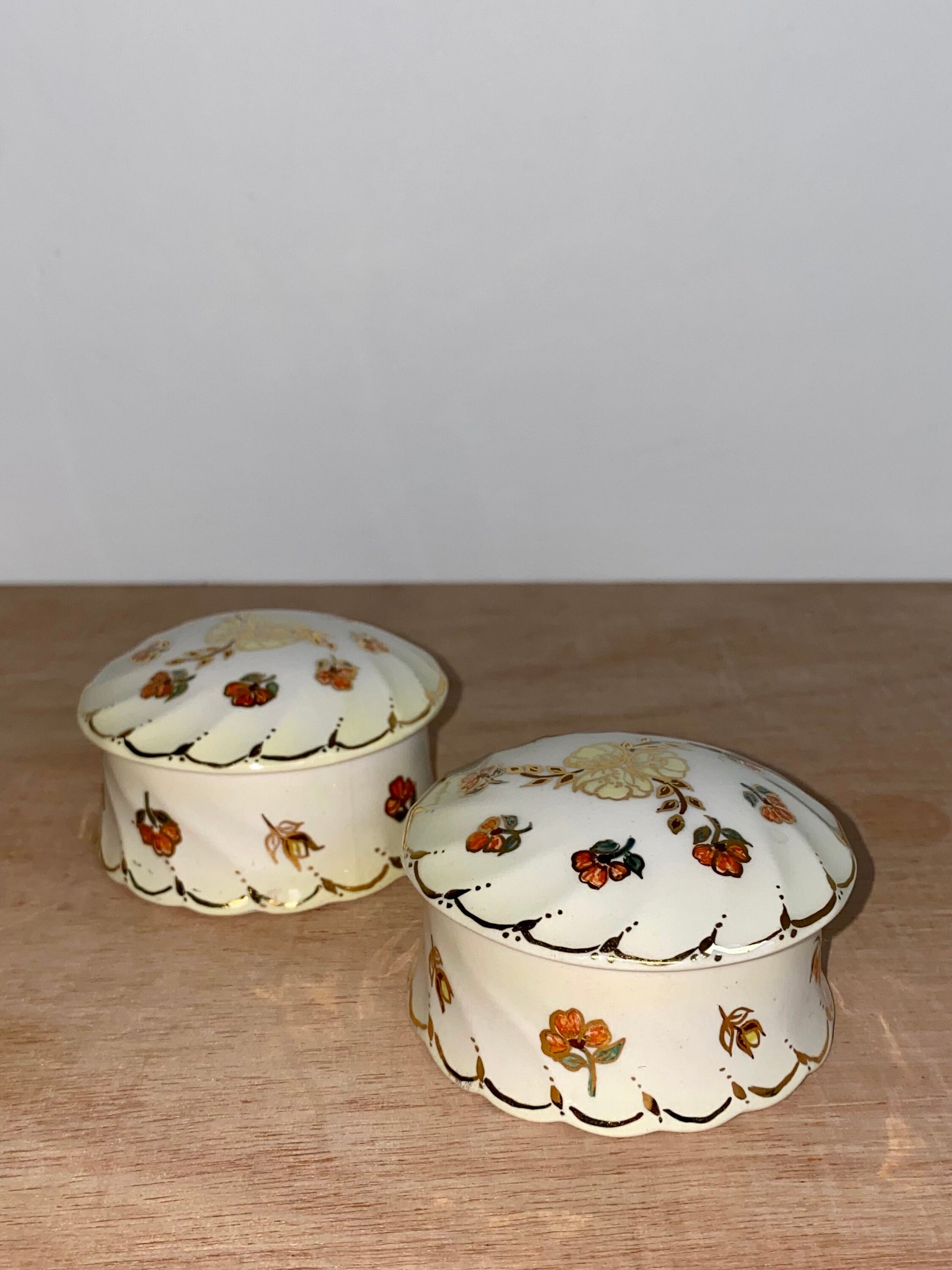 Vintage Trinket Pots (Pair) – Hand-Painted Floral Lidded Dishes – Gilded Ceramic - The Estate