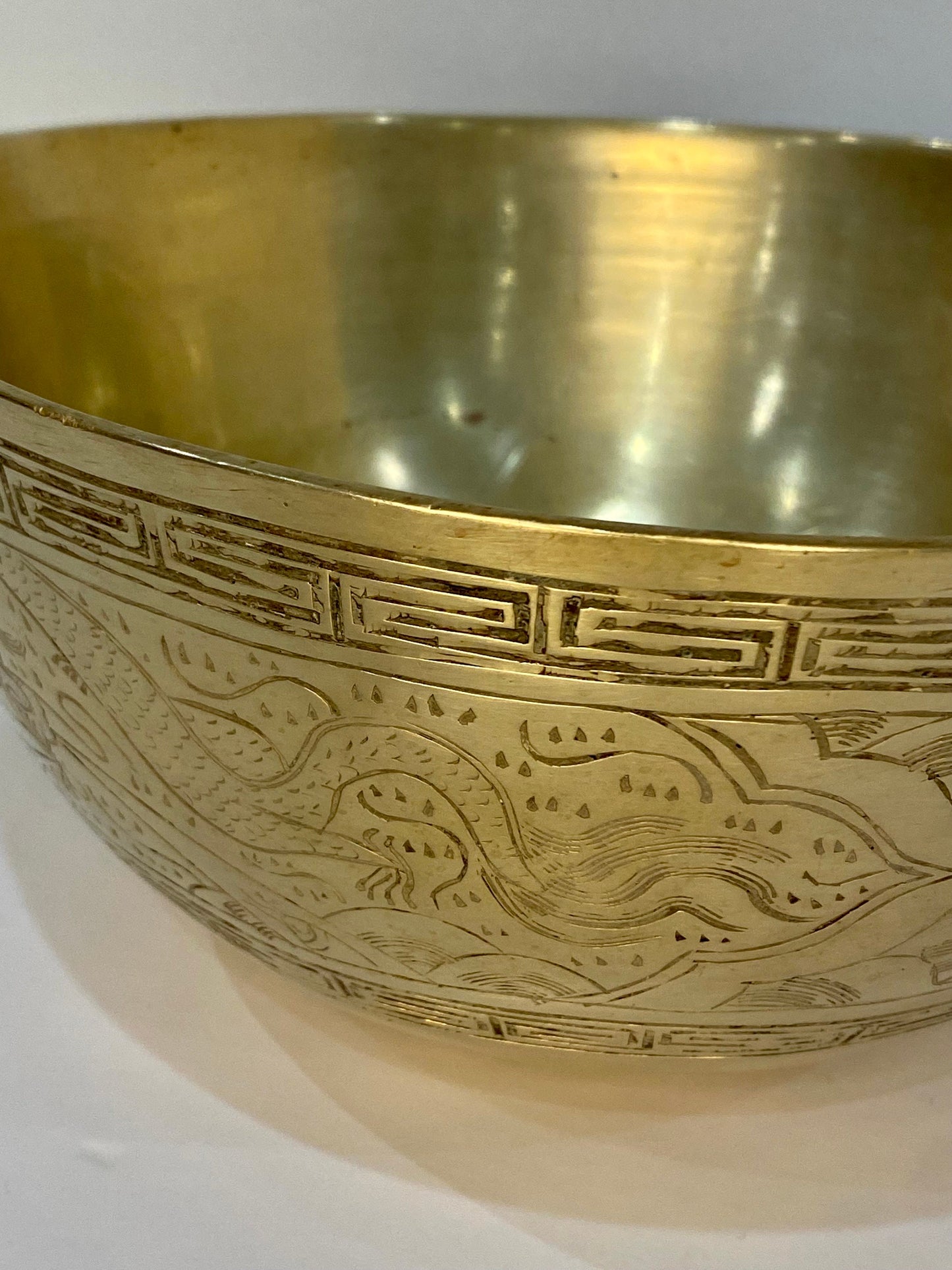 Mid-Century Chinese Solid Brass Etched Bowl with Dragon & Phoenix Motif - The Estate