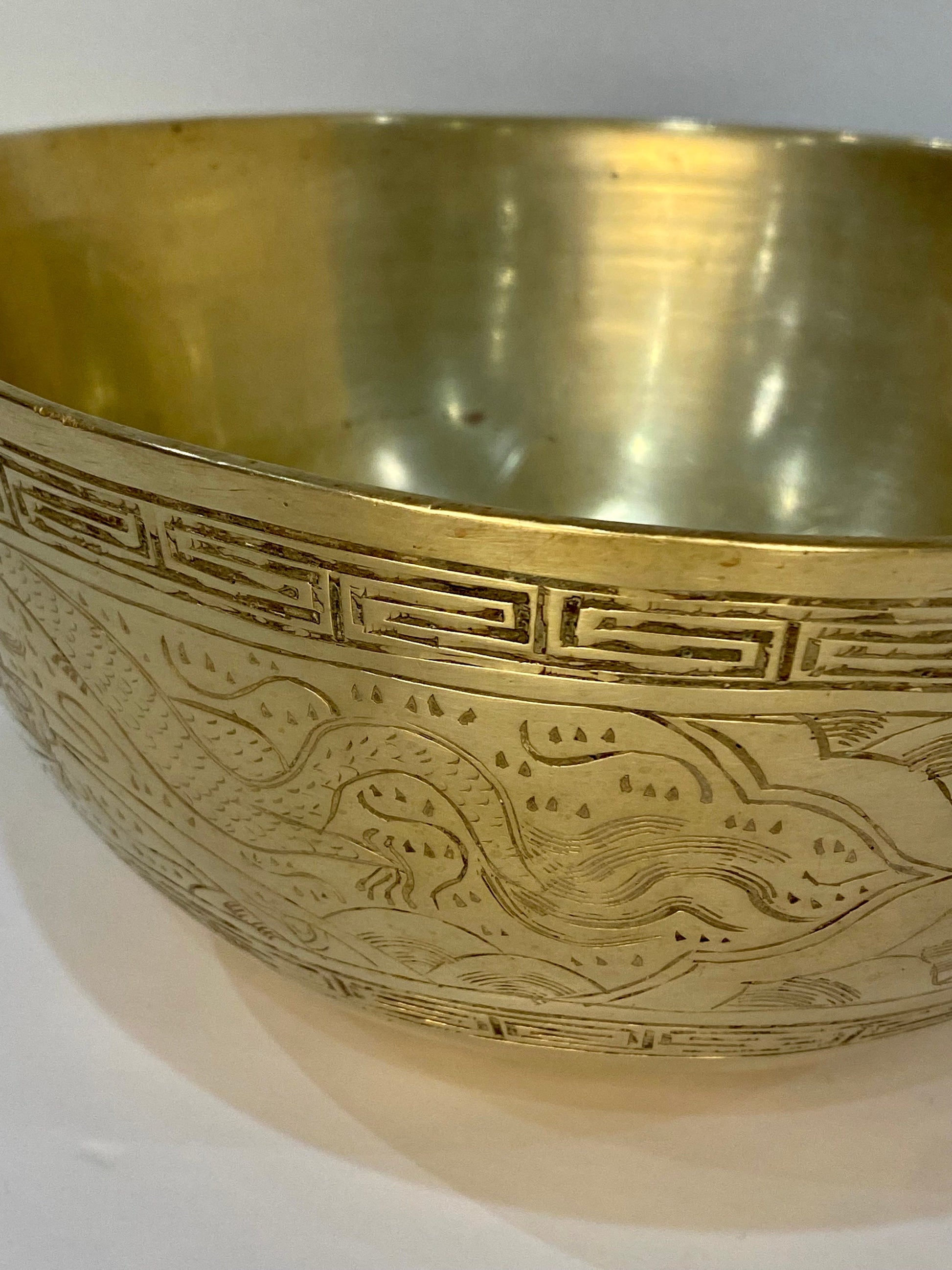 Mid-Century Chinese Solid Brass Etched Bowl with Dragon & Phoenix Motif - The Estate