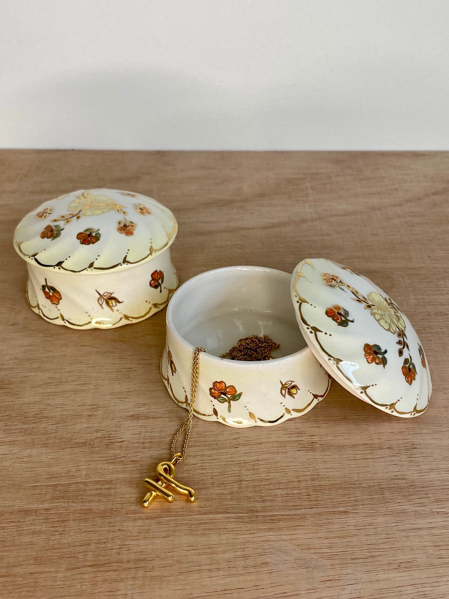 Vintage Trinket Pots (Pair) – Hand-Painted Floral Lidded Dishes – Gilded Ceramic - The Estate