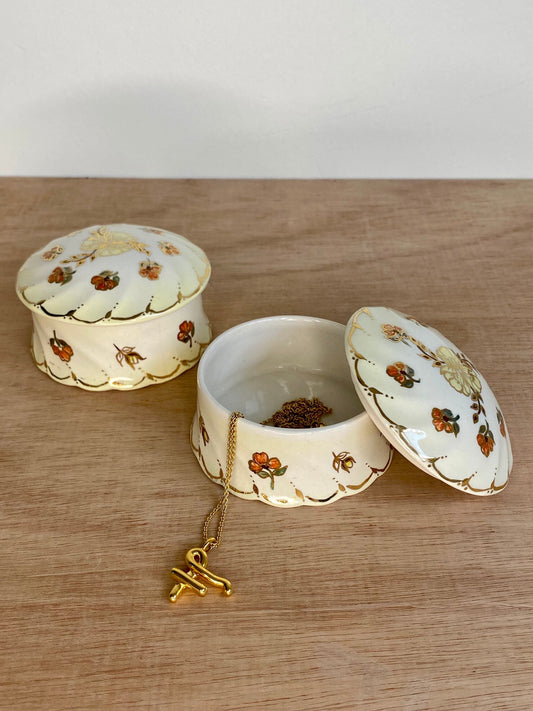 Vintage Trinket Pots (Pair) – Hand-Painted Floral Lidded Dishes – Gilded Ceramic - The Estate