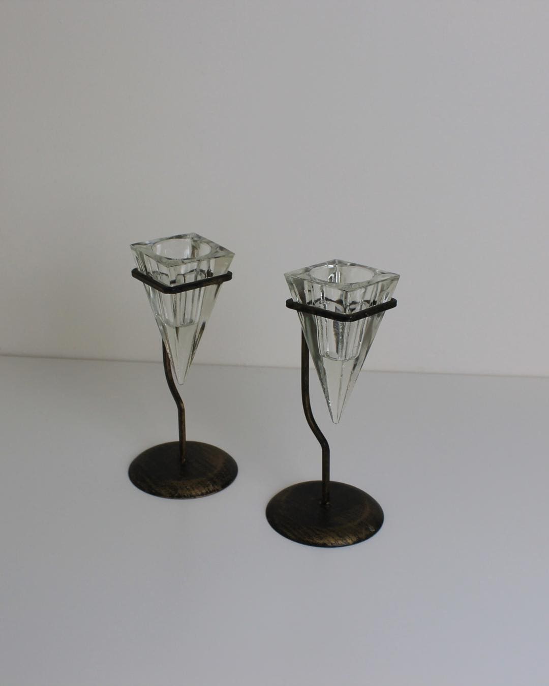 Pair of Conical Glass & Metal Candle Holders – Modernist Geometric Design - The Estate