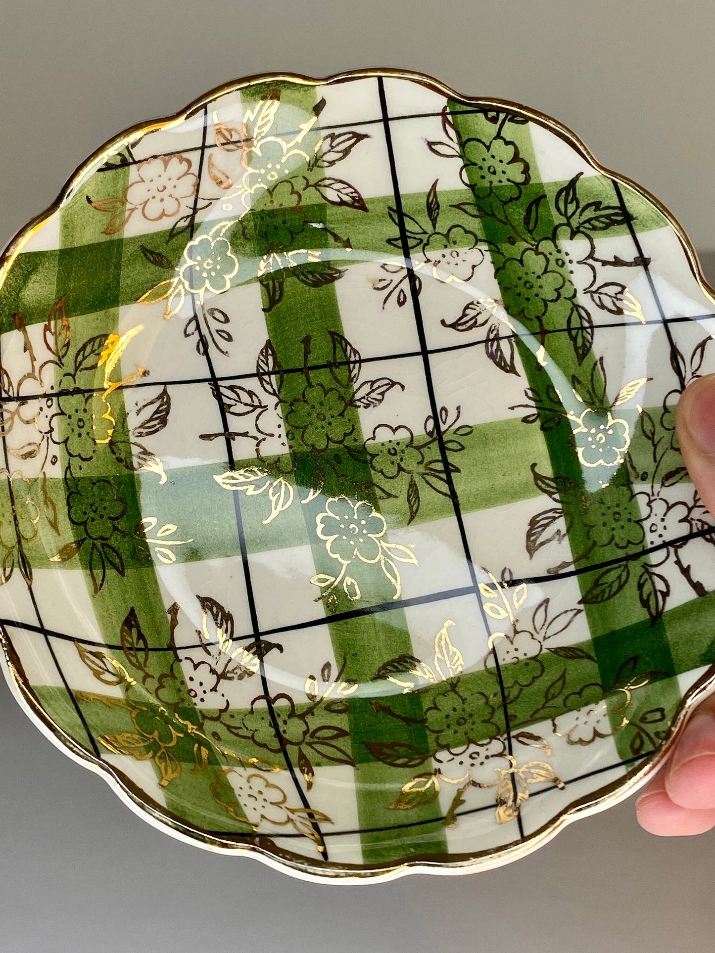 Vintage Japanese Saucer – Green Plaid & Floral Overlay – Gold Rim – GRAMA Mark – - The Estate