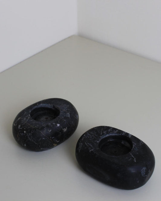 Pair of Sculptural Black Marble Tealight Holders with Natural Veining, Italy c.1980s - The Estate