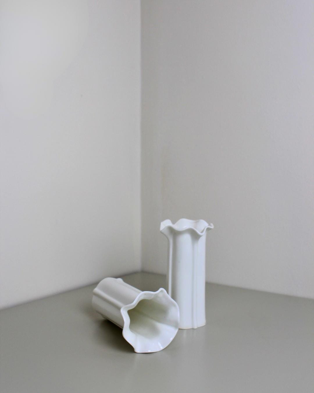 Pair of Mid-Century Bone China Bud Vases with Fluted Sides & Ruffled Rim, White - The Estate