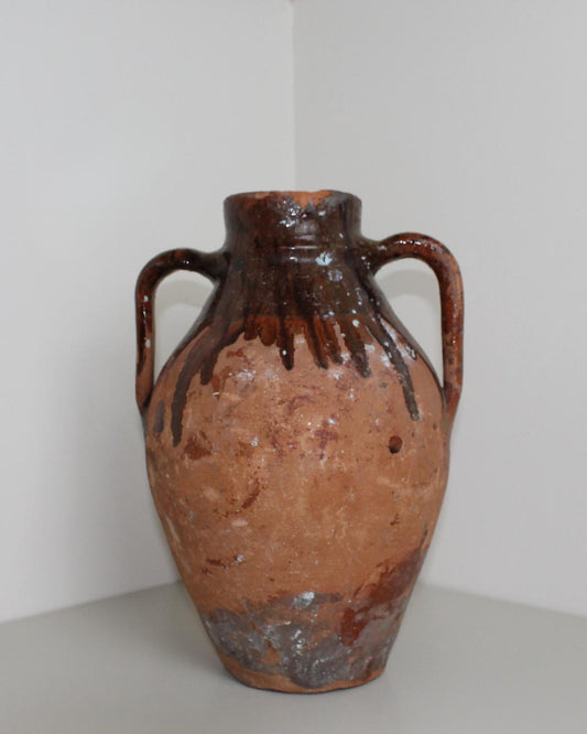 Spanish Terracotta Olive Jar with Manganese Drip Glaze – Antique Two-Handled Amphora, 35 cm Rustic F - The Estate