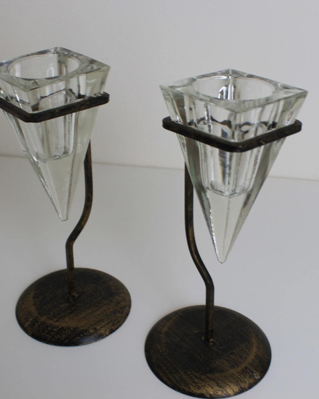 Pair of Conical Glass & Metal Candle Holders – Modernist Geometric Design - The Estate