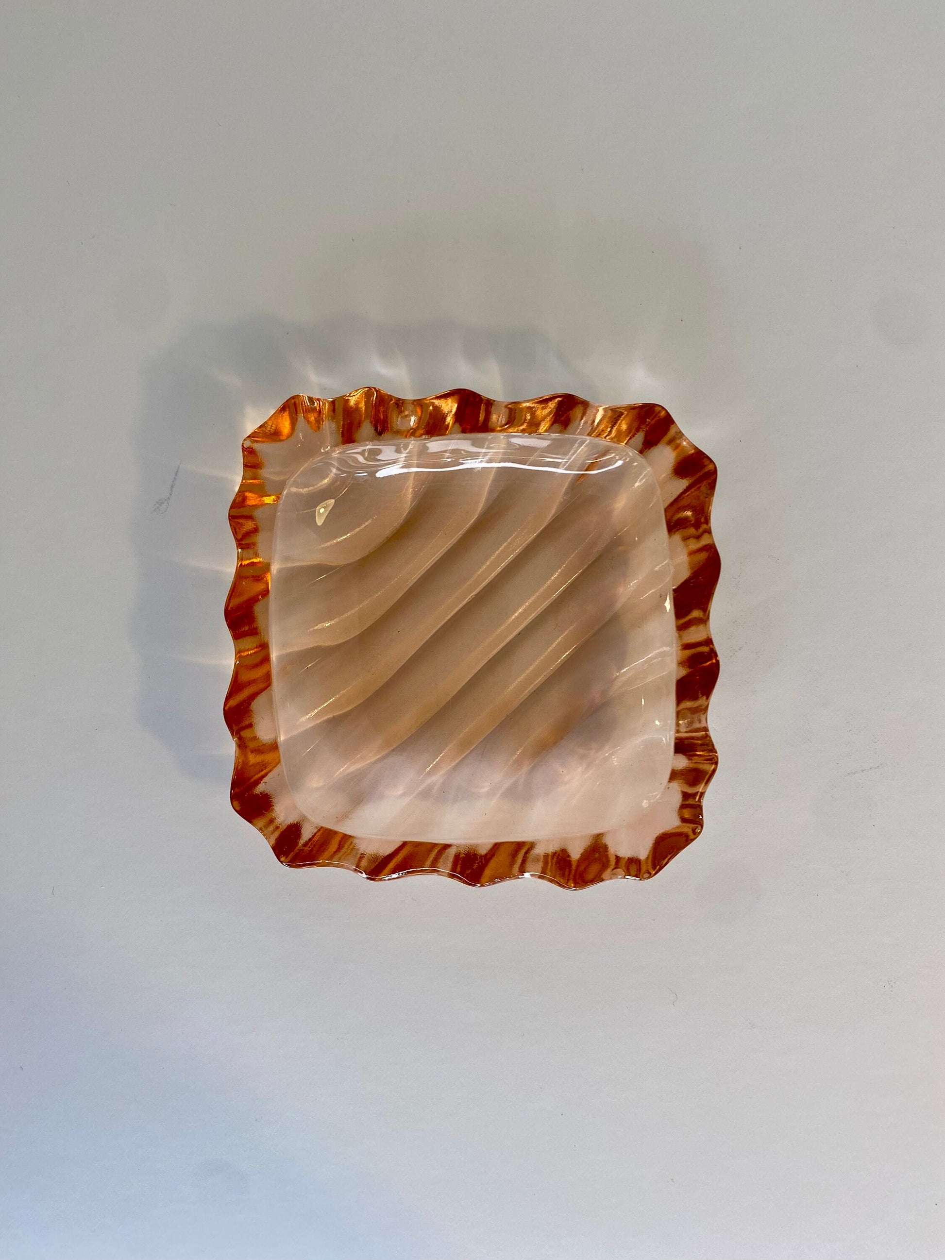 Pair of Pink Pressed Glass Trinket Dishes with Scalloped Edges, Art Deco Style - The Estate