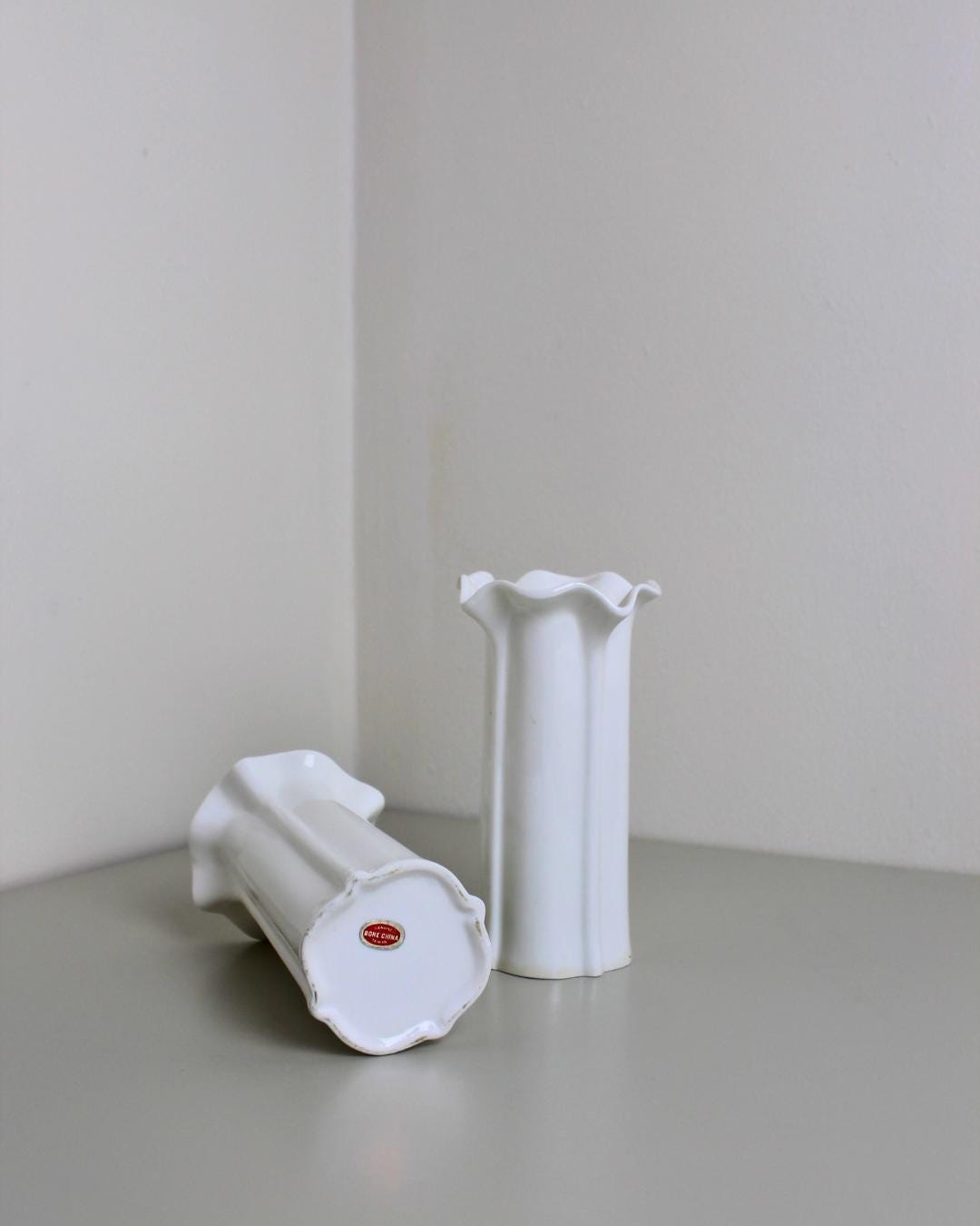 Pair of Mid-Century Bone China Bud Vases with Fluted Sides & Ruffled Rim, White - The Estate