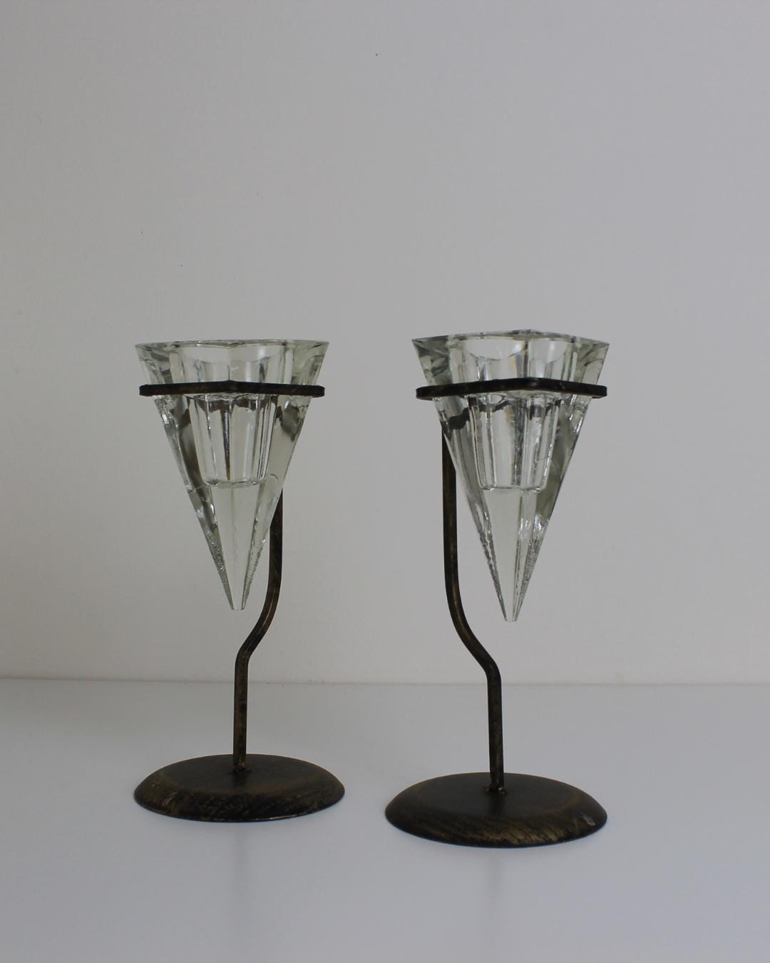 Pair of Conical Glass & Metal Candle Holders – Modernist Geometric Design - The Estate