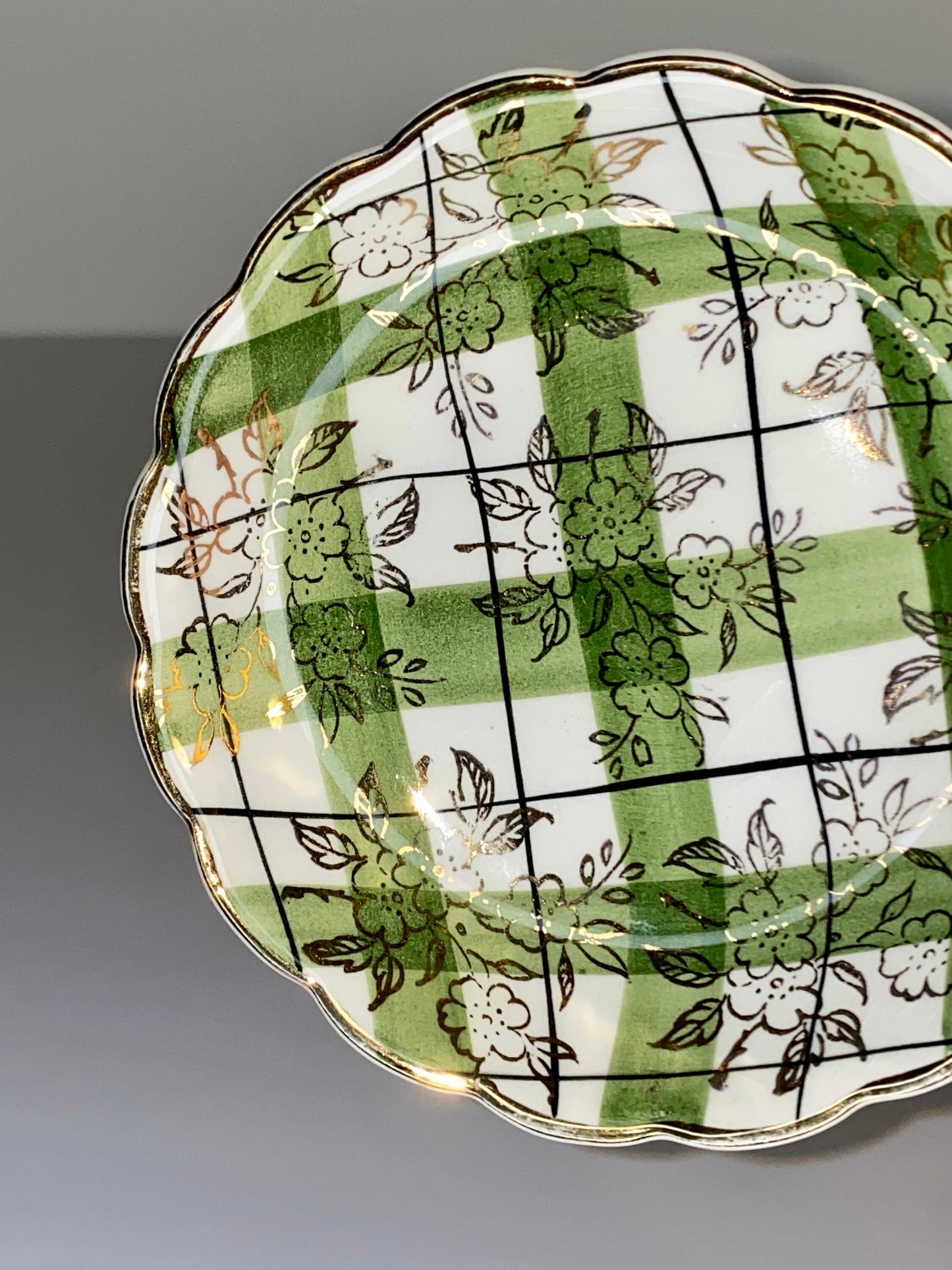 Vintage Japanese Saucer – Green Plaid & Floral Overlay – Gold Rim – GRAMA Mark – - The Estate