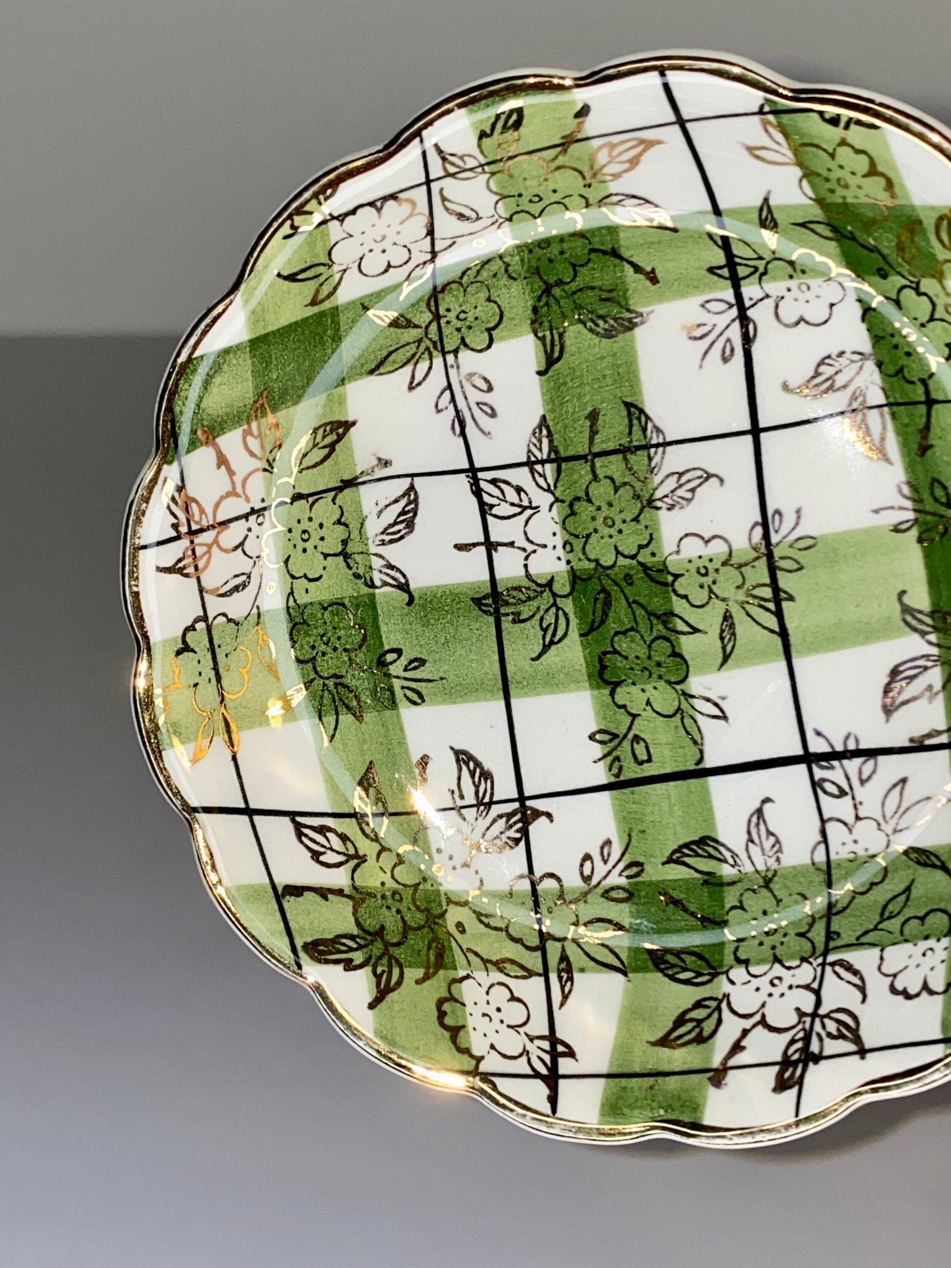 Vintage Japanese Saucer – Green Plaid & Floral Overlay – Gold Rim – GRAMA Mark – - The Estate