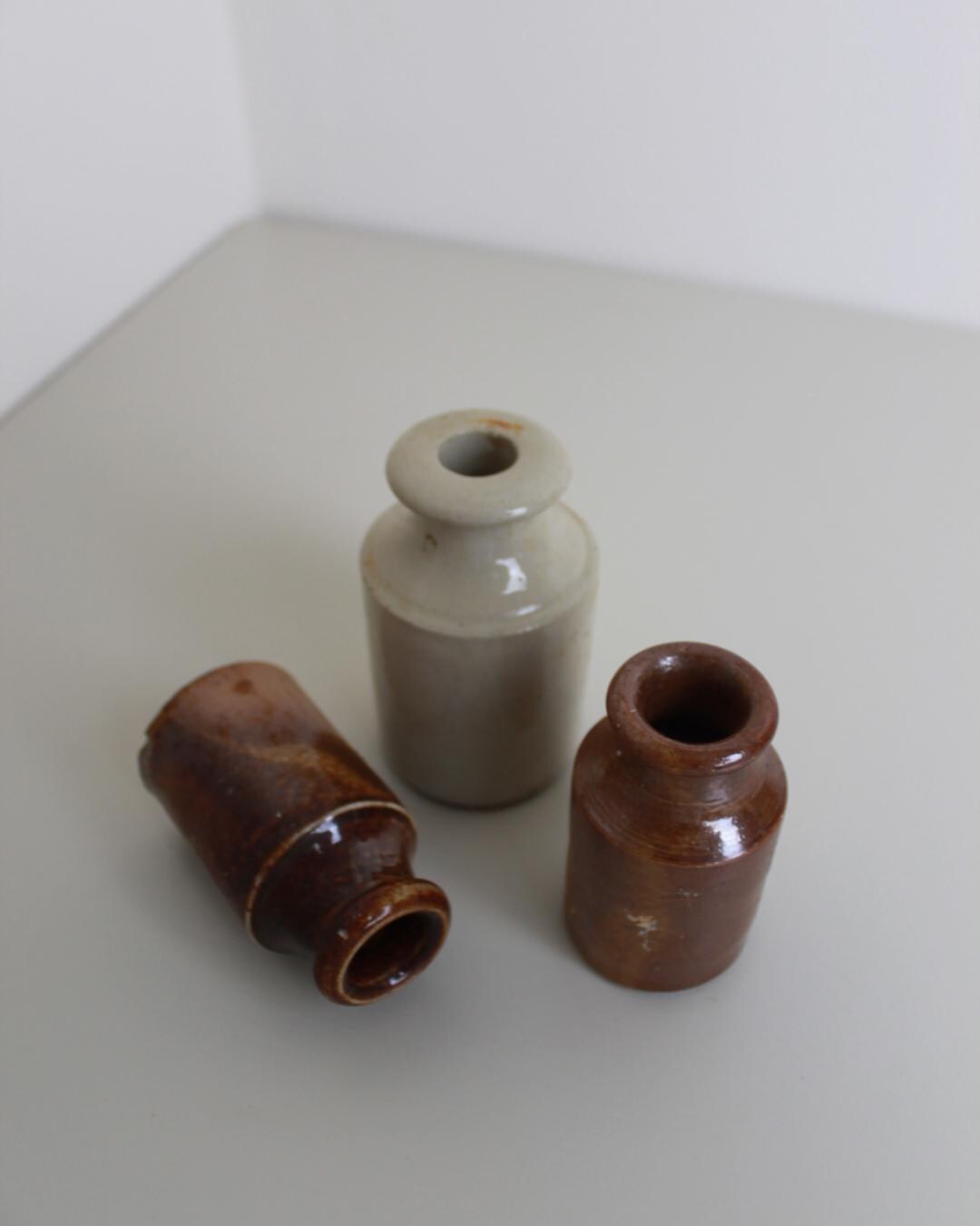 Set of 3 Antique Stoneware Ink Bottles – Rustic English Glazed Mini Jars, 19th–20th C - The Estate