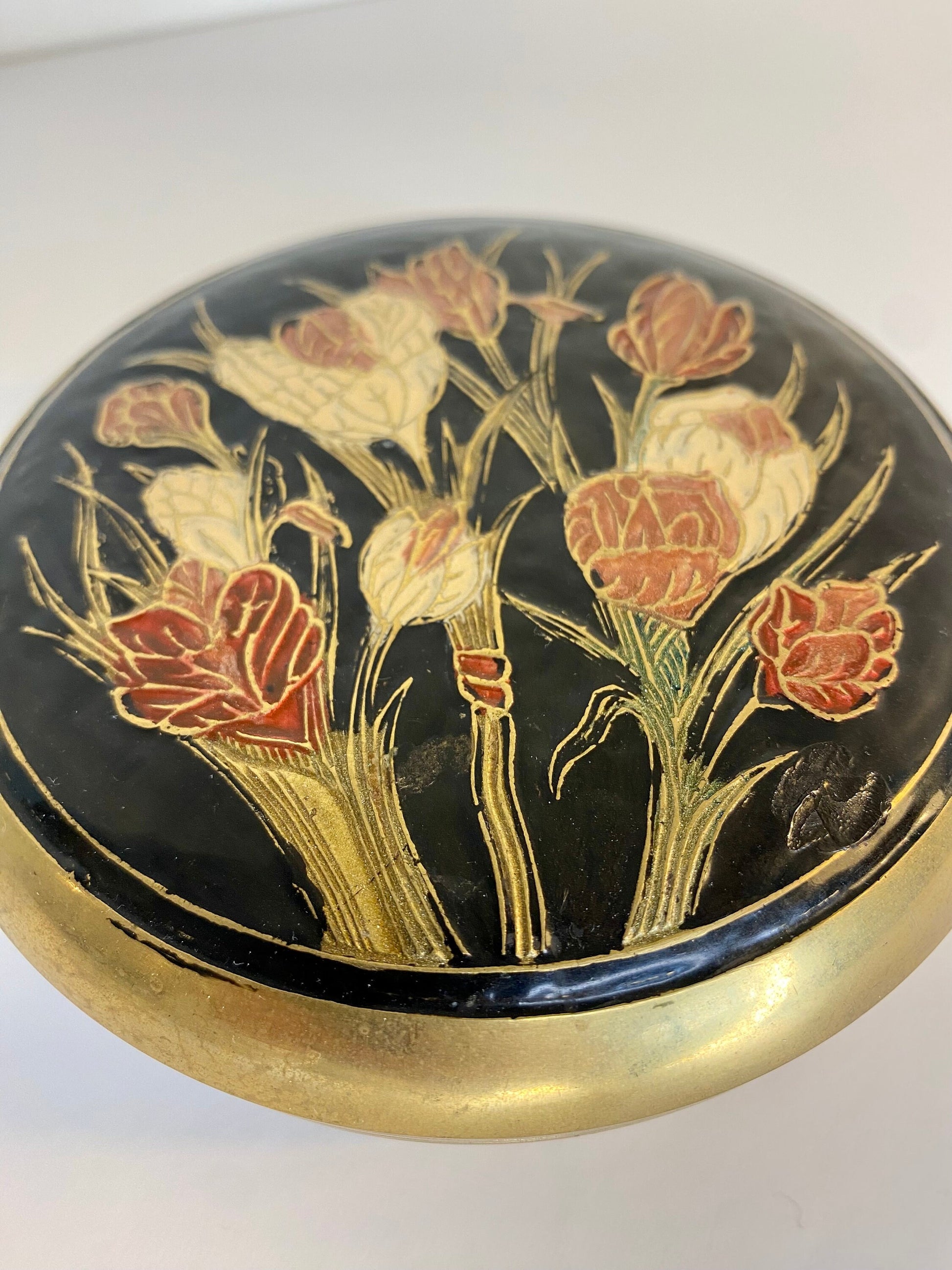 Mid-Century Floral Brass Trinket Box with Enamel Inlay, Indian 1960s - The Estate