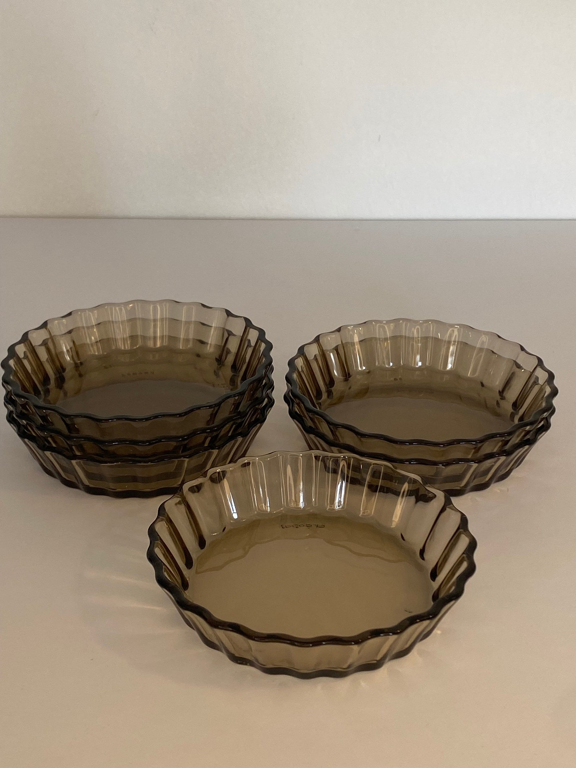 Set of 6 Arcopal Smoked Glass Tartlet Dishes, French 1970s Flan Bakeware - The Estate