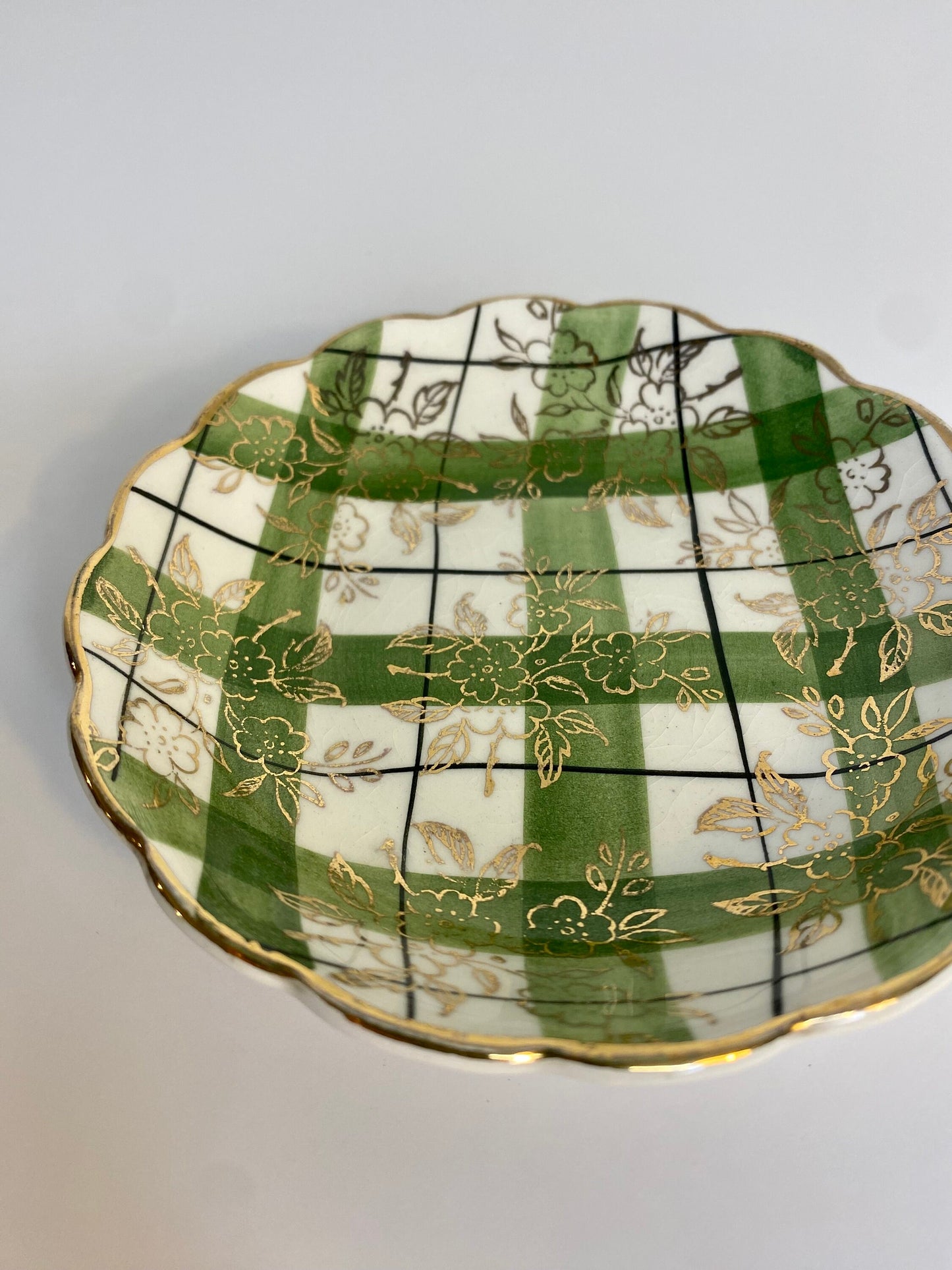 Vintage Japanese Saucer – Green Plaid & Floral Overlay – Gold Rim – GRAMA Mark – - The Estate