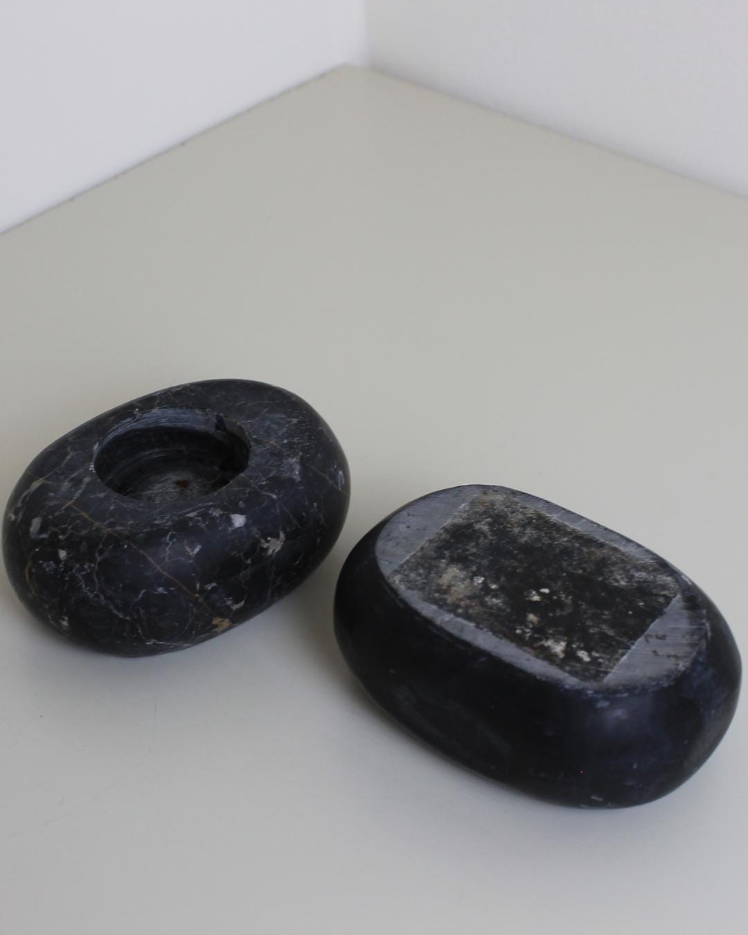 Pair of Sculptural Black Marble Tealight Holders with Natural Veining, Italy c.1980s - The Estate