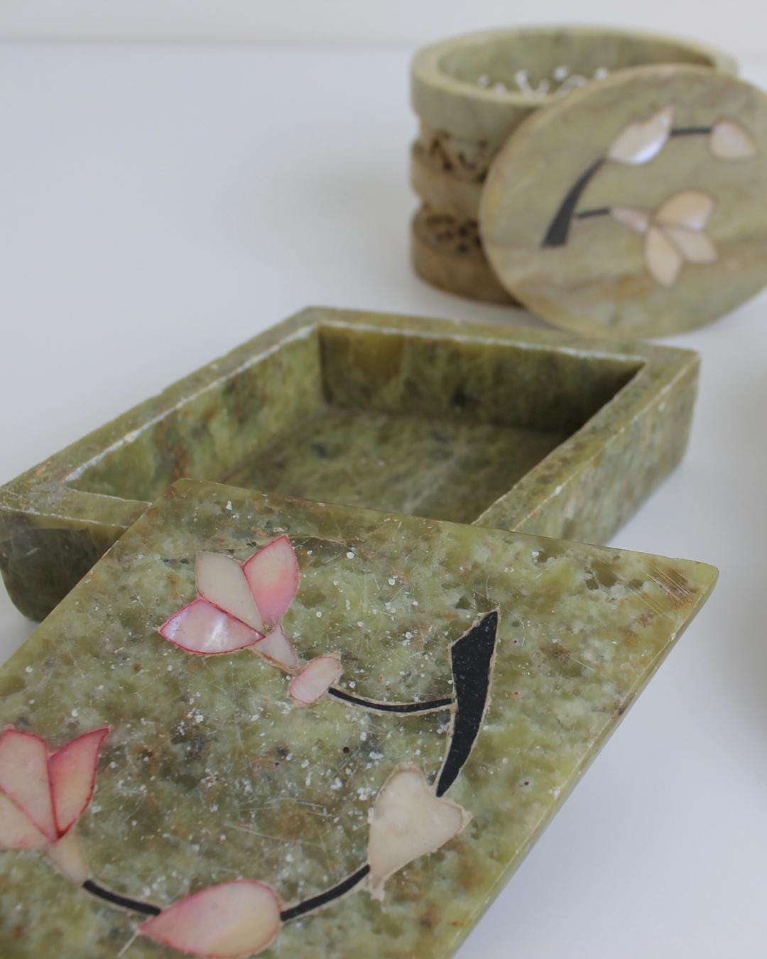 Set of 3 Indian Soapstone Trinket Boxes with Floral Inlay - The Estate
