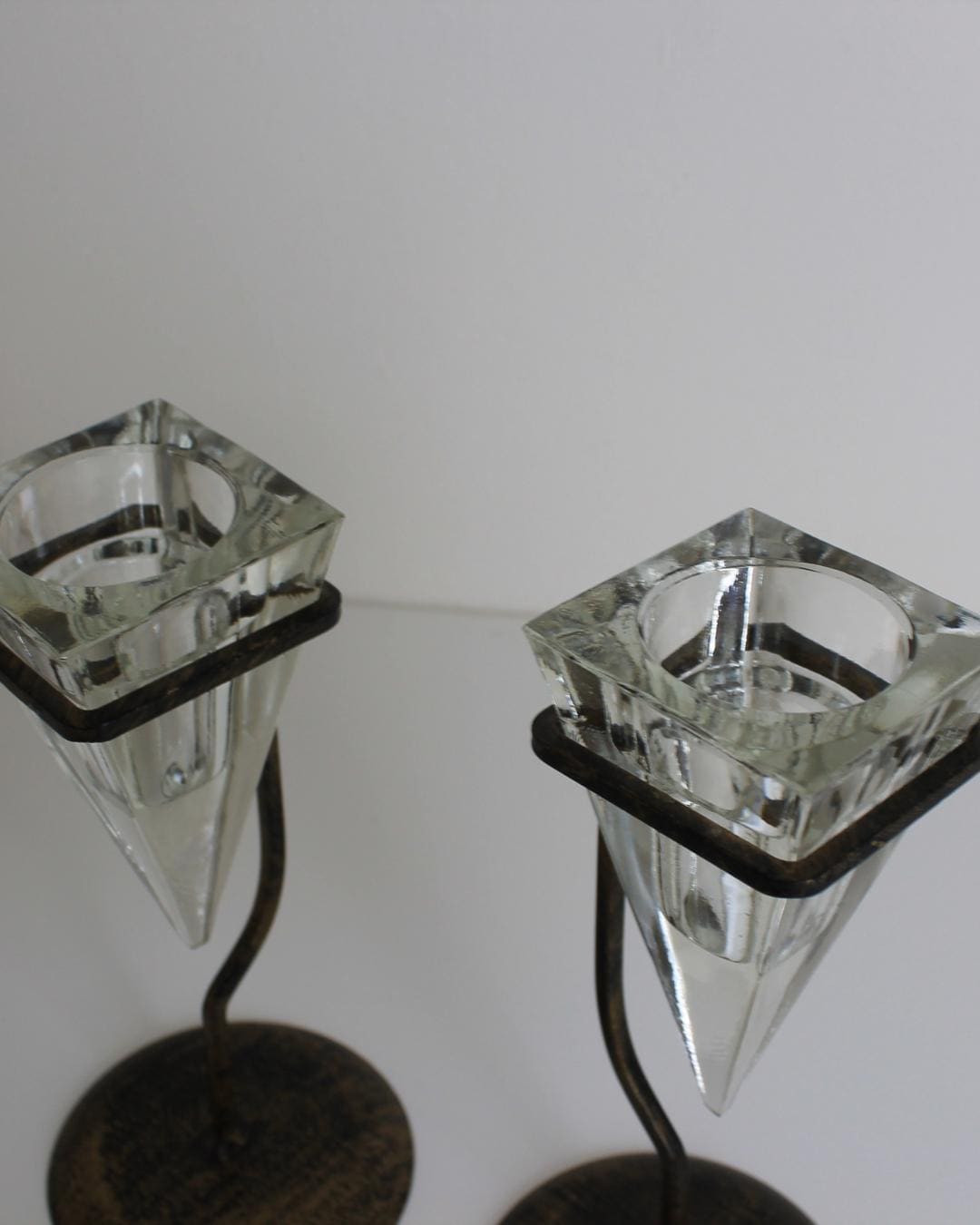 Pair of Conical Glass & Metal Candle Holders – Modernist Geometric Design - The Estate