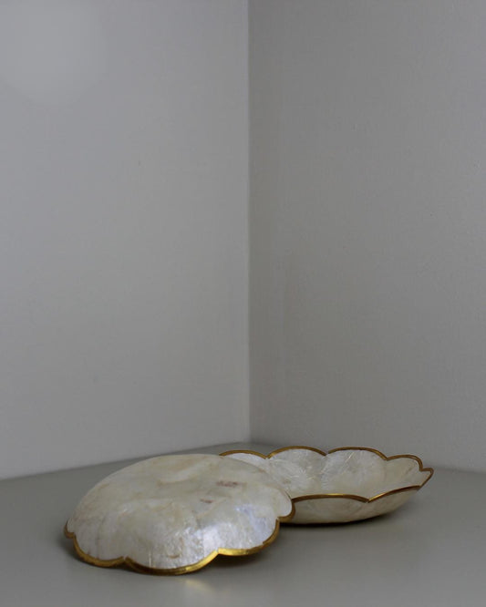 Set of Two Capiz Shell Bowls with Gilded Brass Rim – 1970s Coastal Glam - The Estate