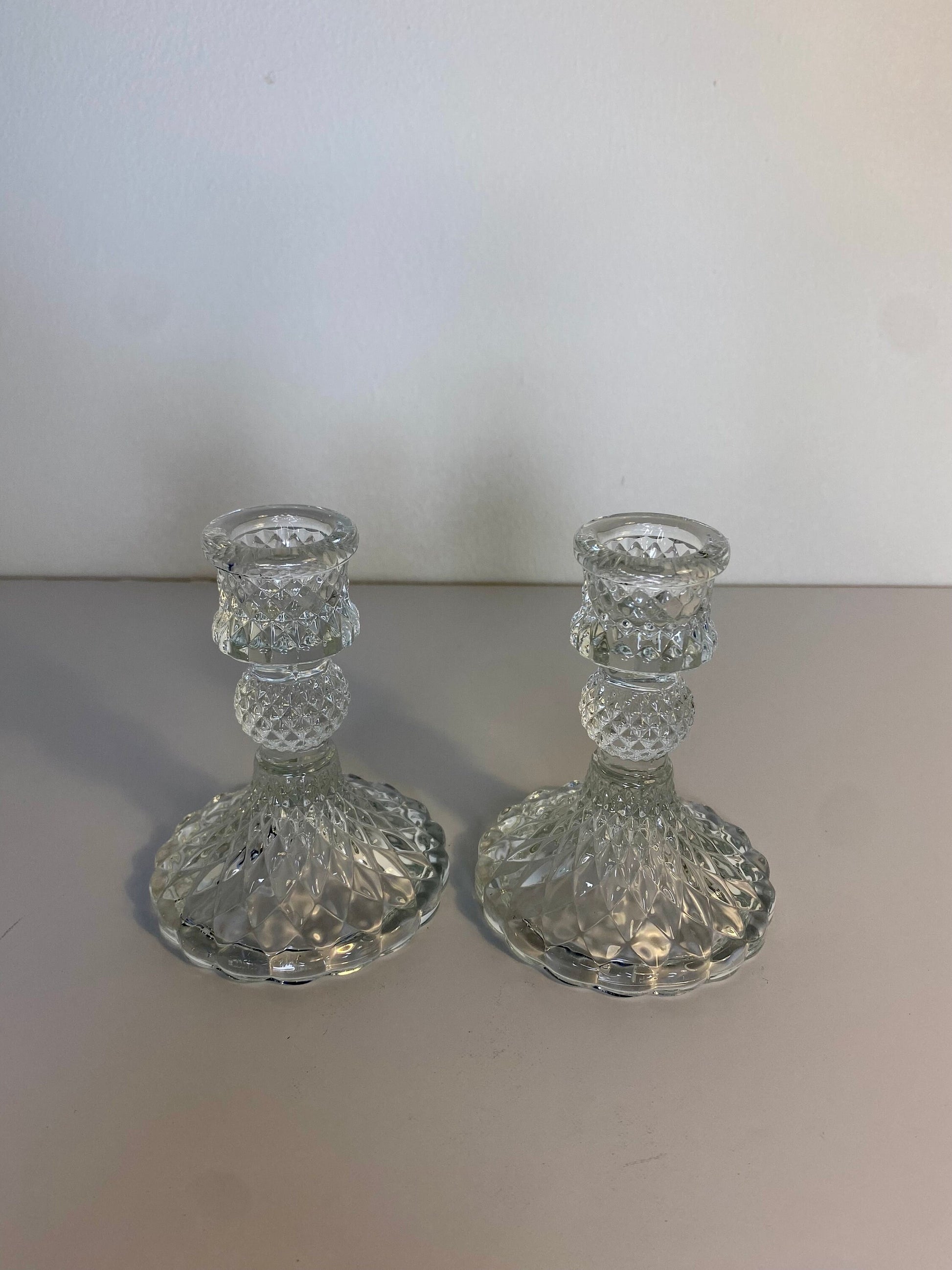 Pressed Glass Diamond-Point Candlestick Holders, Mid-Century Pair - The Estate