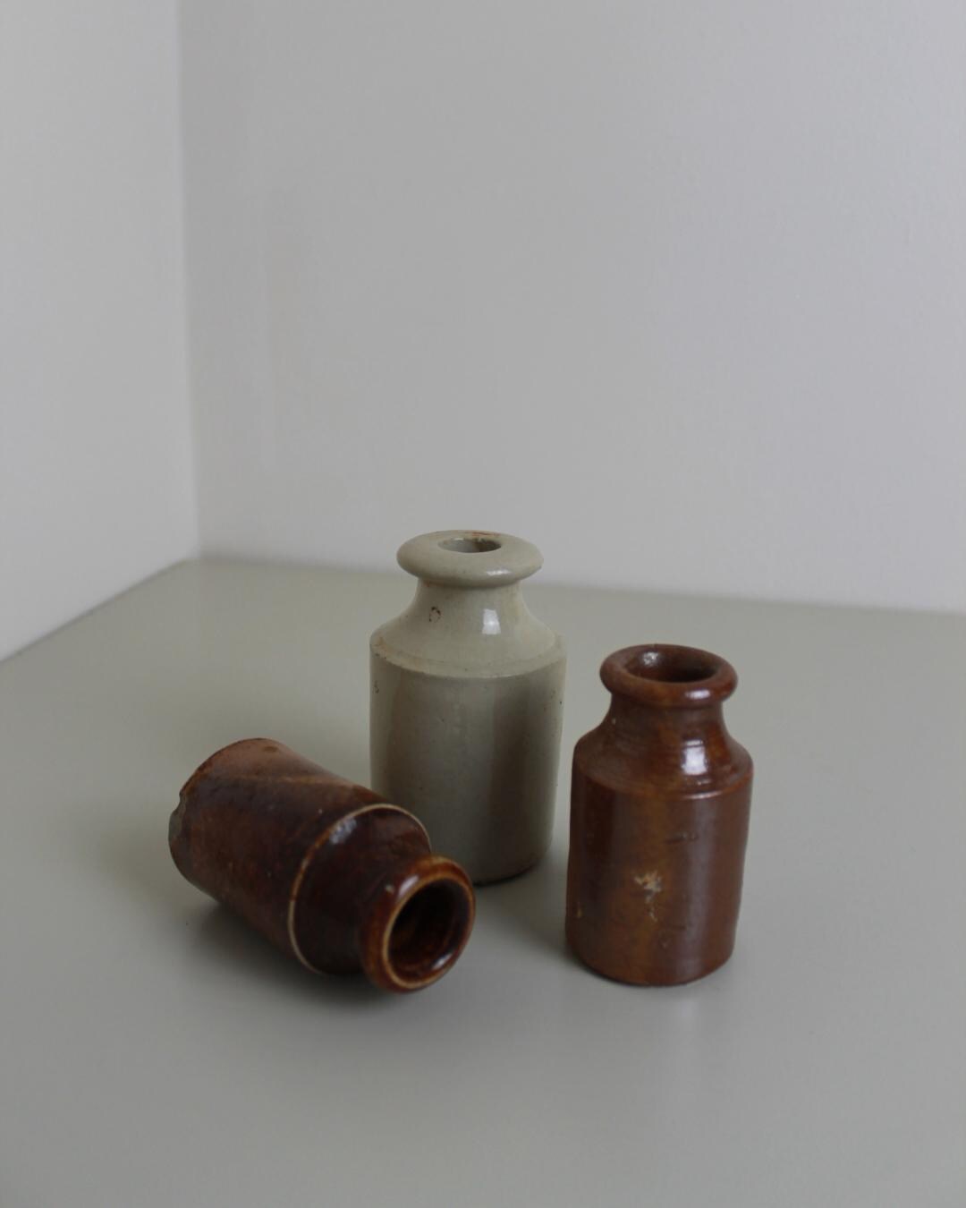 Set of 3 Antique Stoneware Ink Bottles – Rustic English Glazed Mini Jars, 19th–20th C - The Estate