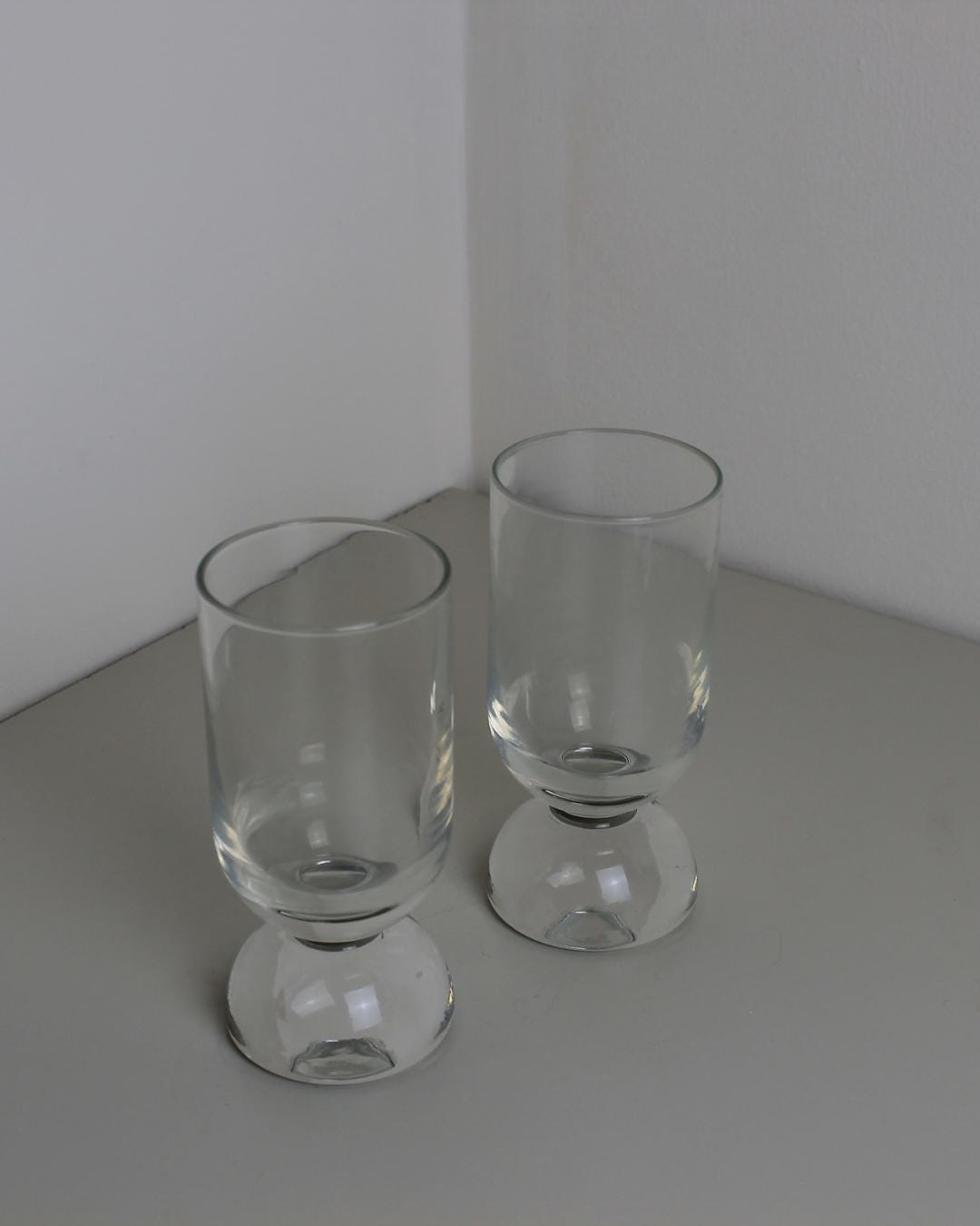 Pair of Sculptural Glass Goblets – Clear Modernist Design with Solid Dome Base - The Estate