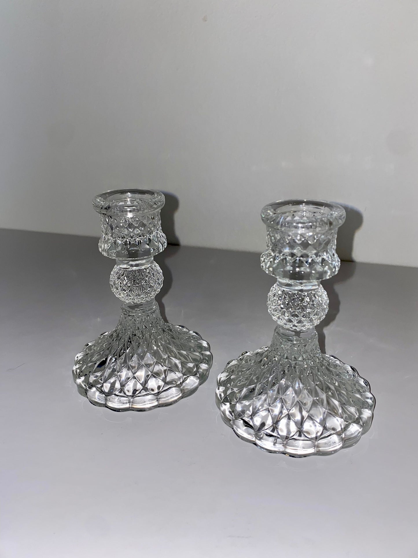 Pressed Glass Diamond-Point Candlestick Holders, Mid-Century Pair - The Estate