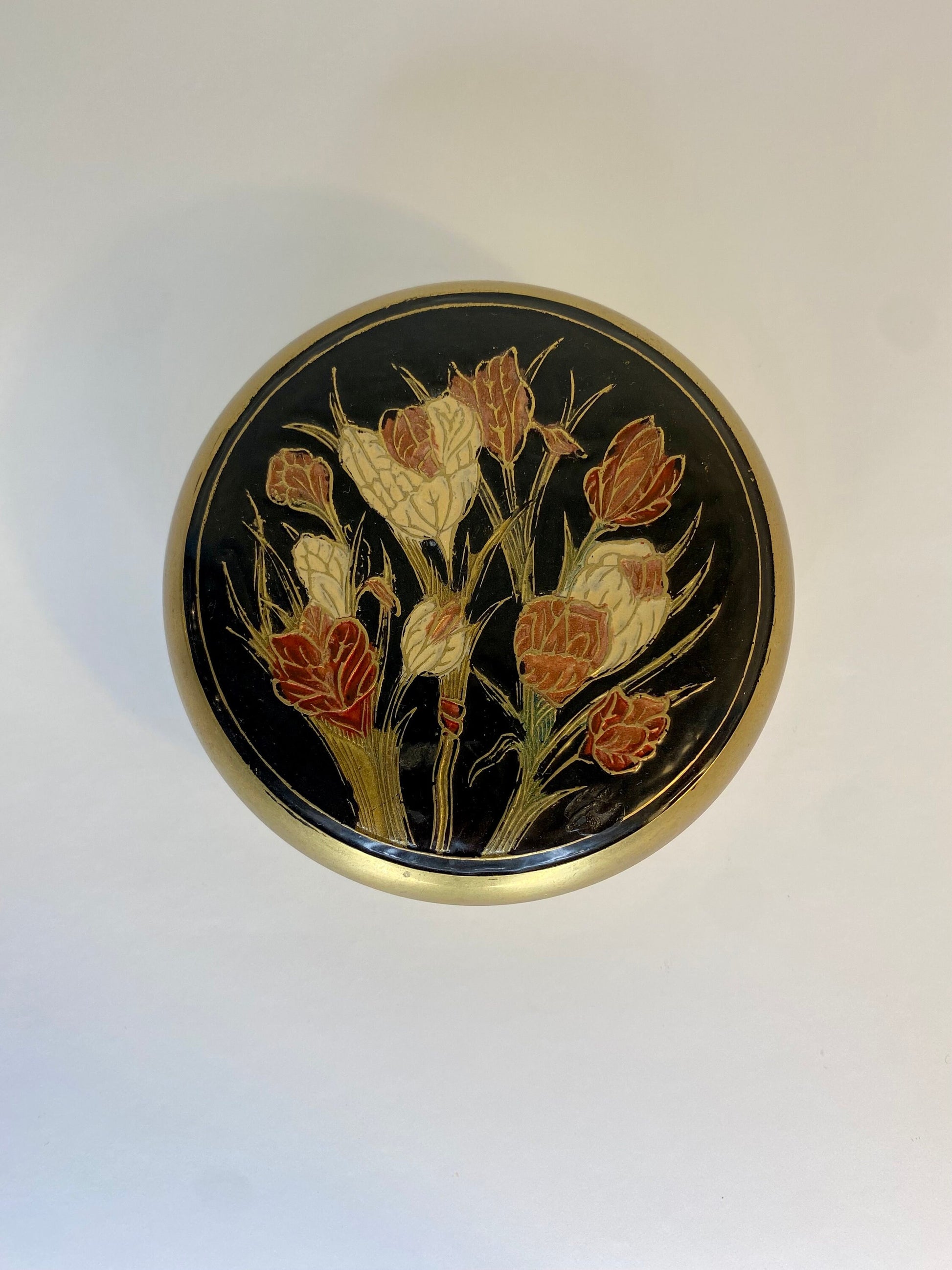 Mid-Century Floral Brass Trinket Box with Enamel Inlay, Indian 1960s - The Estate