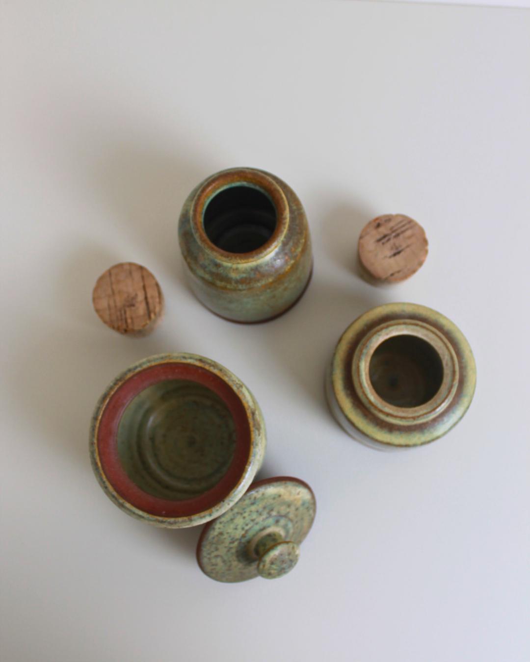 Set of 3 Studio Pottery Jars with Cork & Ceramic Lids, Speckled Green Glaze, 1970s–90s - The Estate