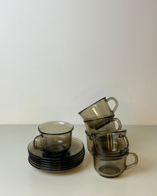 Set of Six Vintage Arcoroc Smoky Glass Mugs with Matching Saucers - The Estate