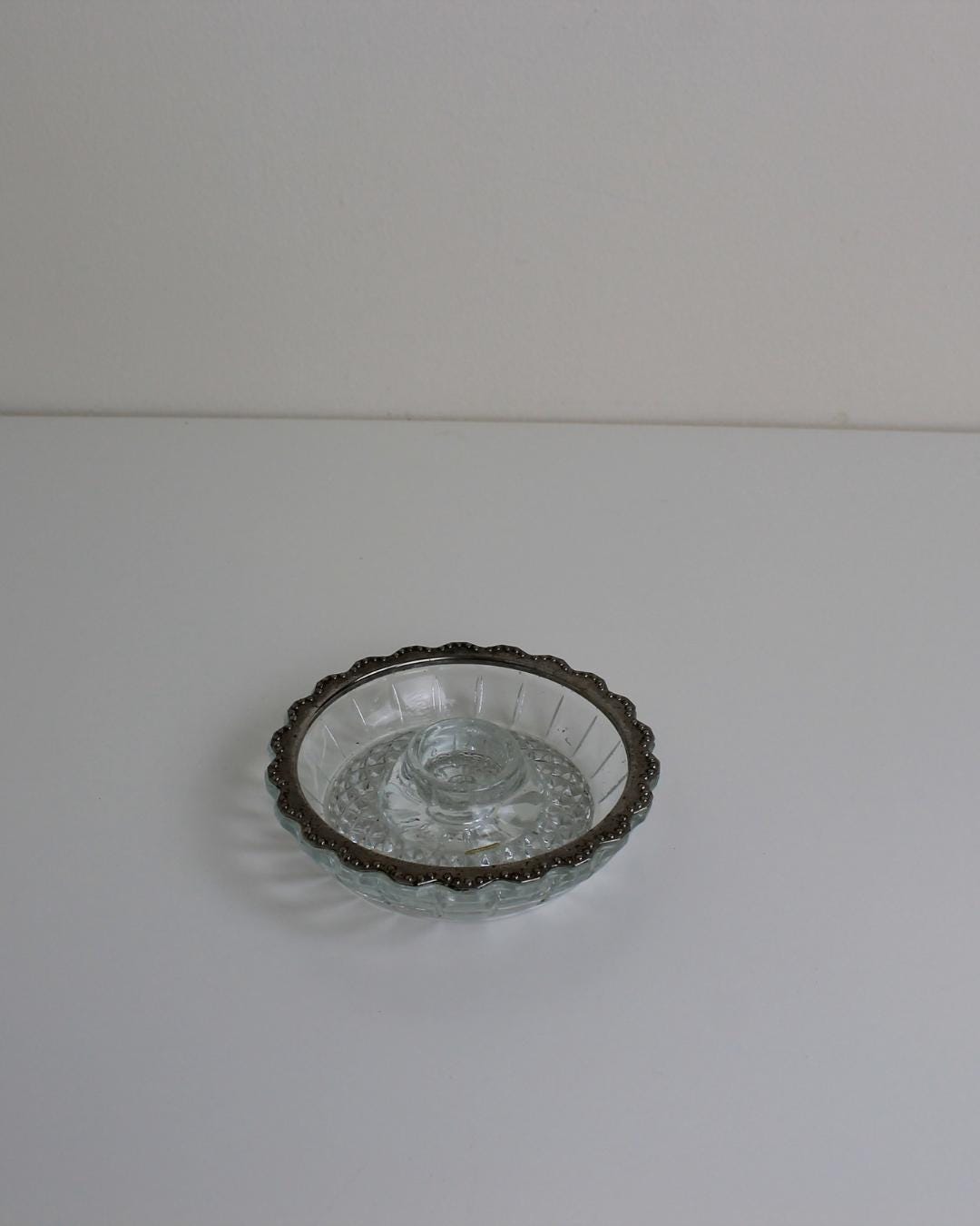 Pressed Glass Candleholder with Scalloped Metal Rim – Mid-Century - The Estate