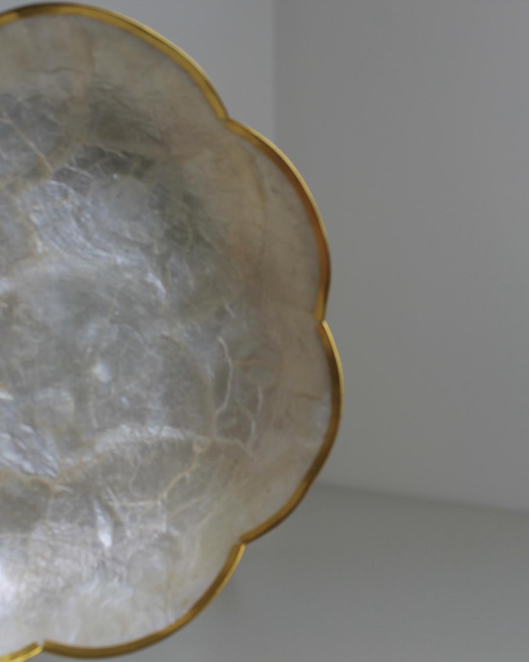 Set of Two Capiz Shell Bowls with Gilded Brass Rim – 1970s Coastal Glam - The Estate