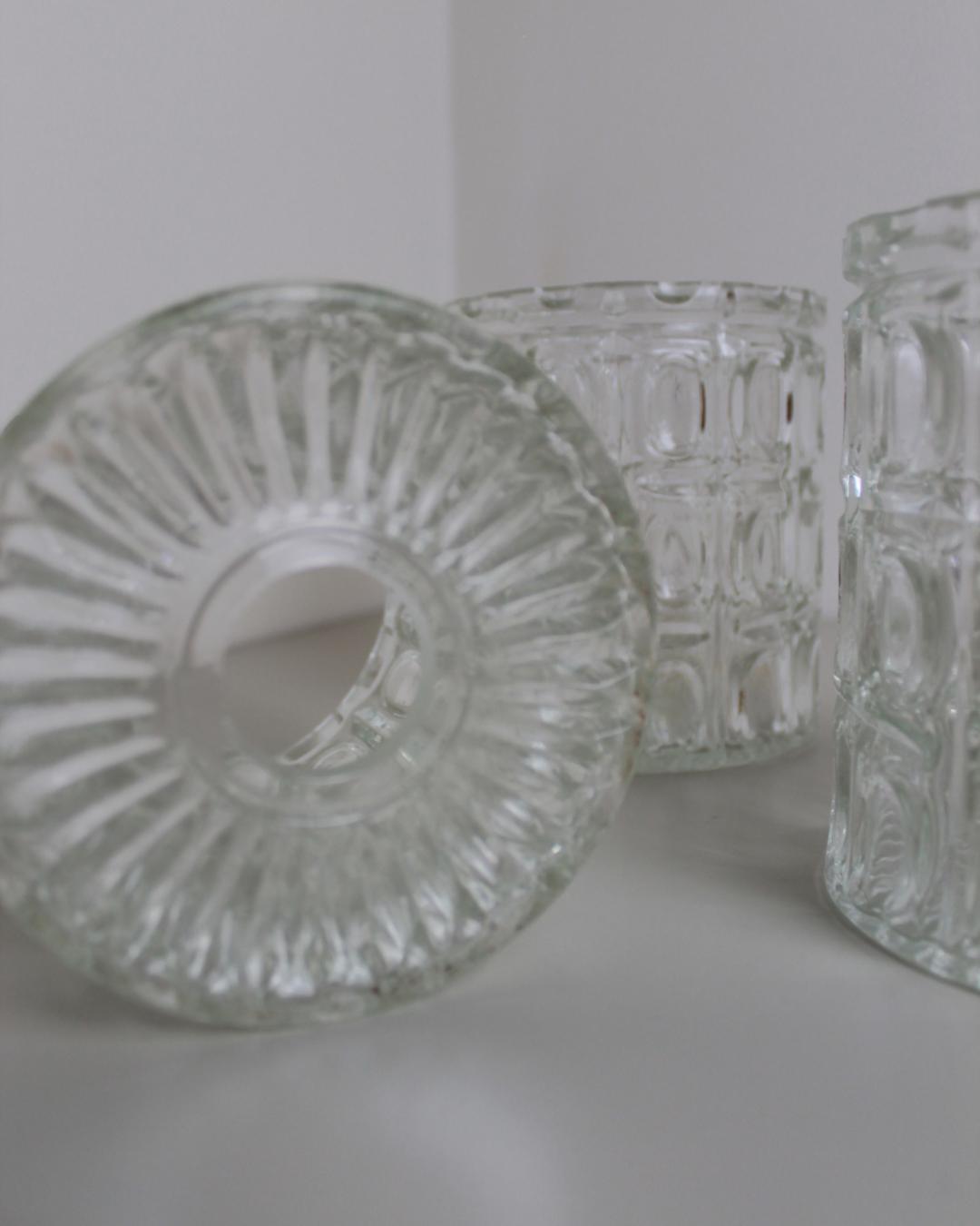 Trio of Vintage Pressed Glass Light Shades – Brutalist Grid Pattern Cylinders, 1960s - The Estate